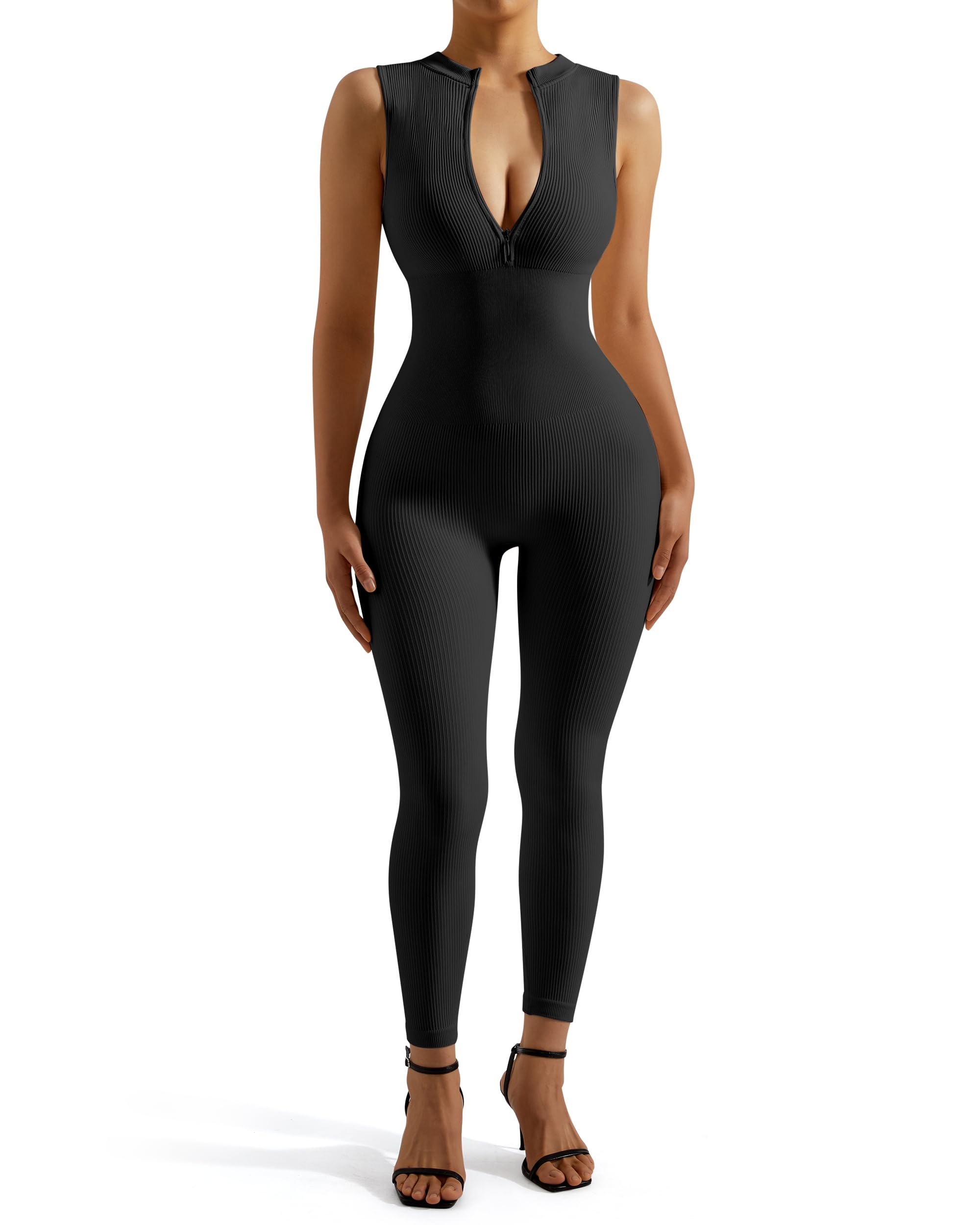 SUUKSESS Women's Ribbed Seamless Zip Up Jumpsuit - Sexy Bodycon Romper One Piece for Night Out, Party & Casual Wear