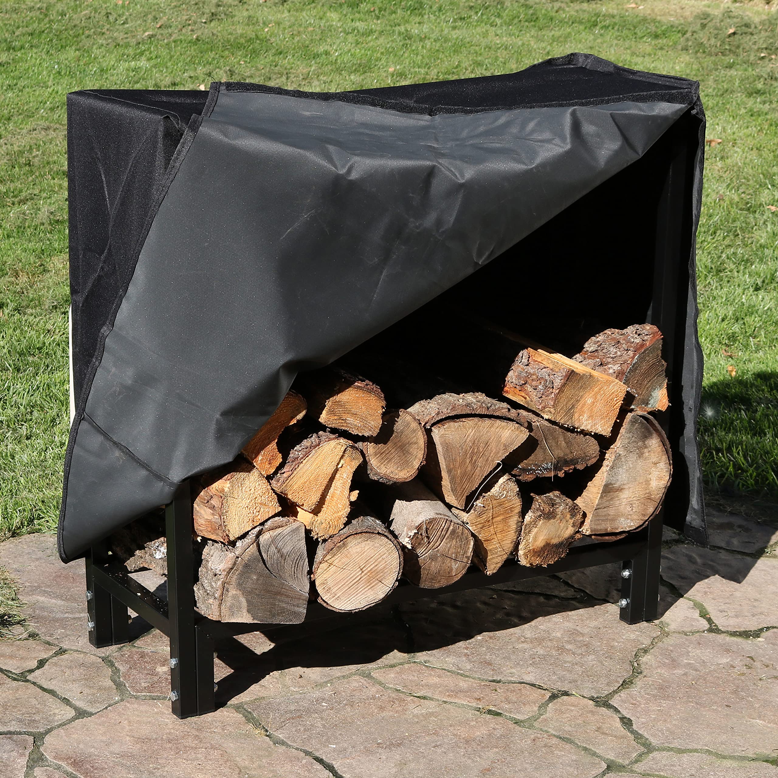 Sunnydaze Firewood Log Rack with Cover - 30-Inch Indoor/Outdoor Wood Storage Holder for Fireplace, Patio, and Camping - Weather-Resistant Firewood Organizer