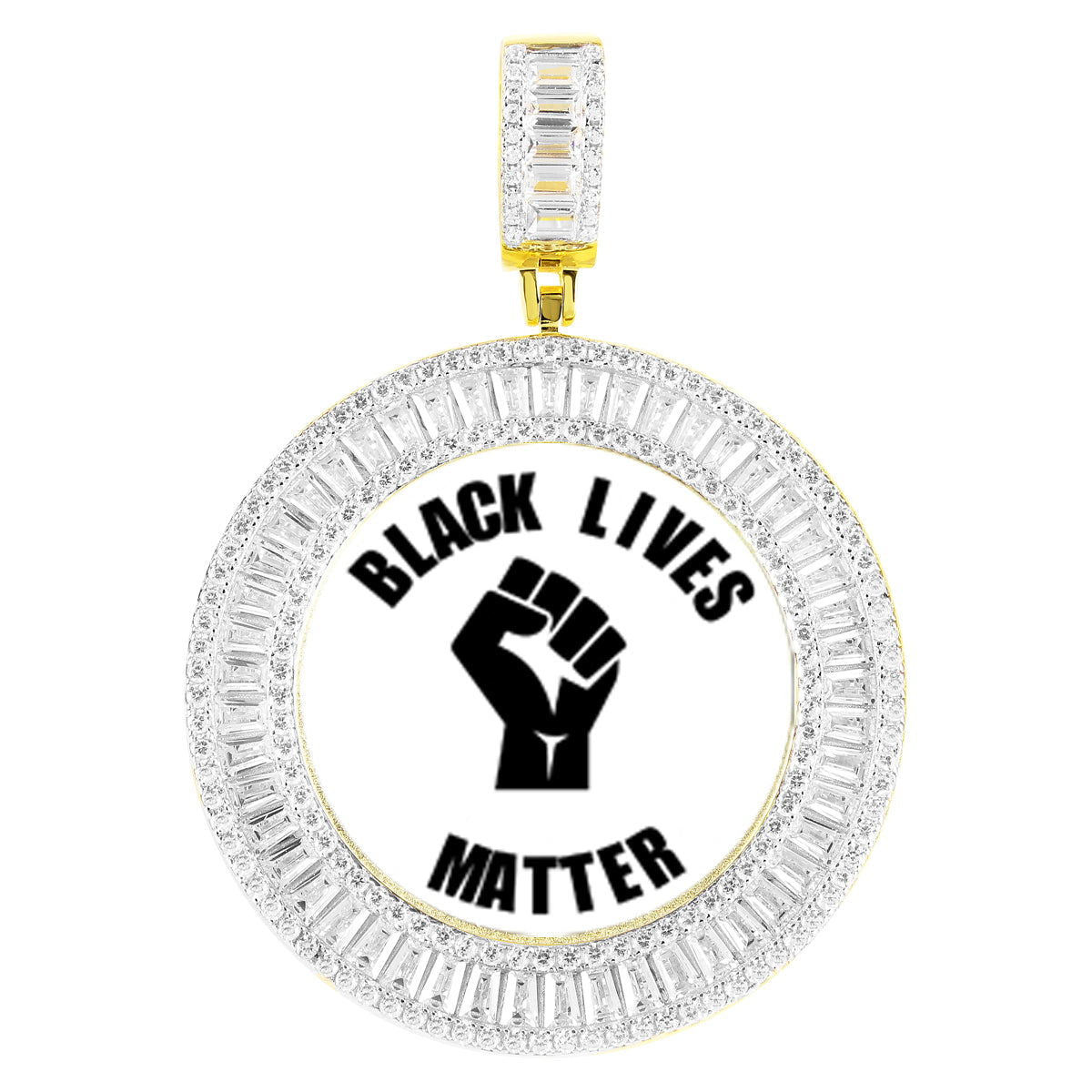 Custom Gold Tone Icy Baguette Round Picture Pendant - Personalized Photo Locket for Necklace - Perfect for Memorial Gifts, Anniversary Presents & Keepsake Jewelry