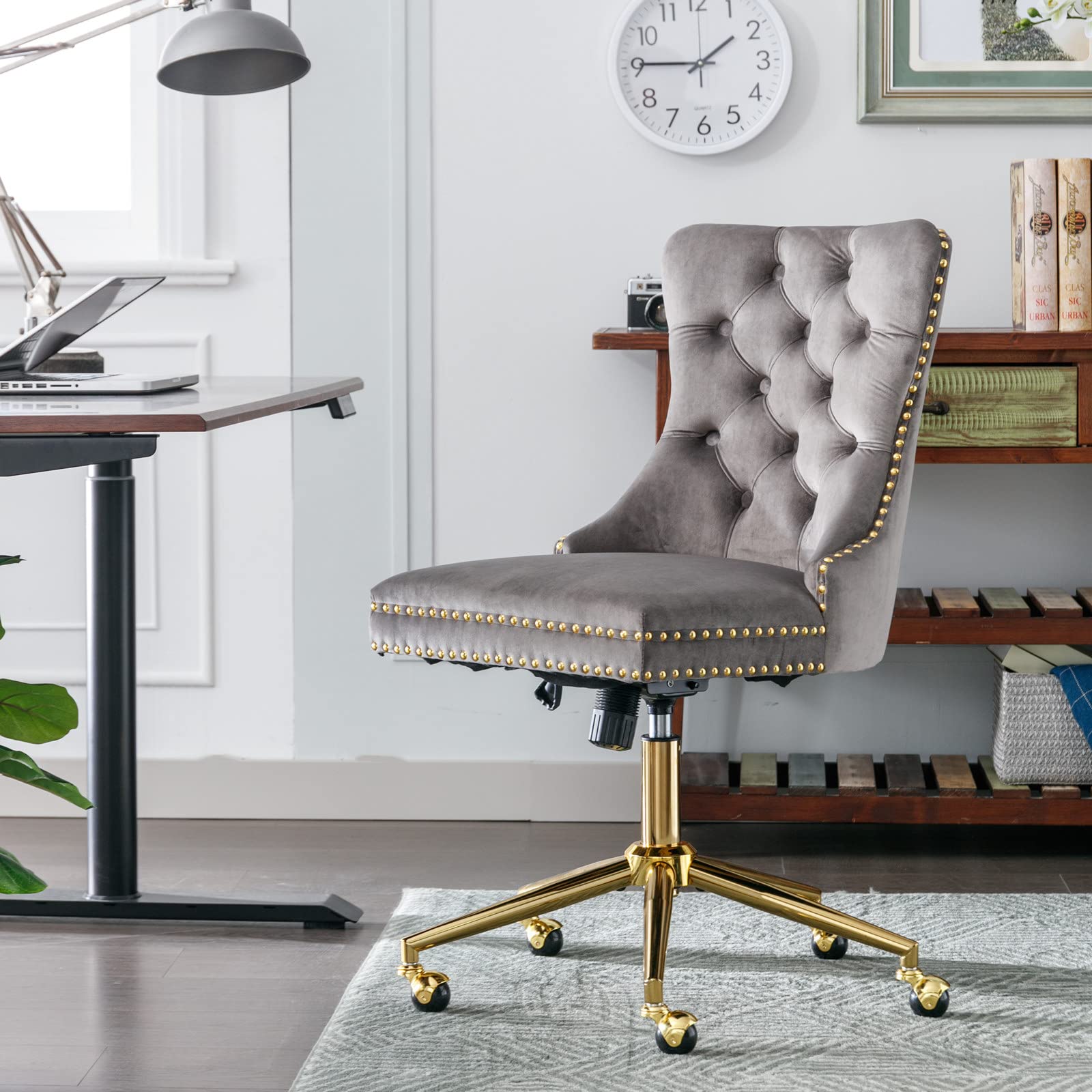 Modern Velvet Upholstered Tufted Button Office Chair - 360° Swivel & 120° Rocking Ergonomic Computer Desk Chair, Armless Task Chair for Home Office, Vanity, Gaming & Study - Gray