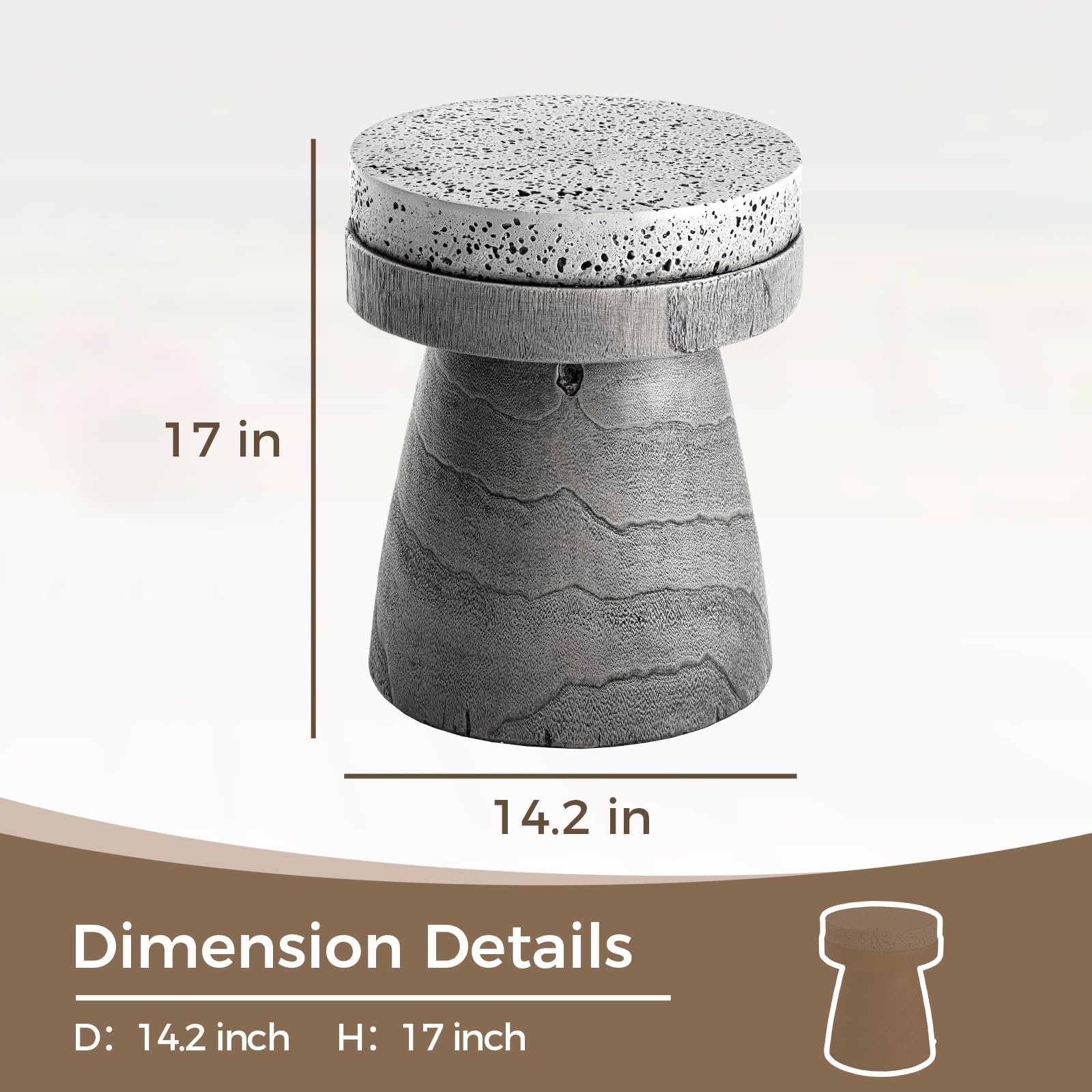 Stylish Grey Concrete Outdoor Side Table with Spotted Tabletop - Lightweight Round Patio Accent Table, Faux Wood Cylinder Stool - Perfect for Garden, Deck, and Poolside Decor