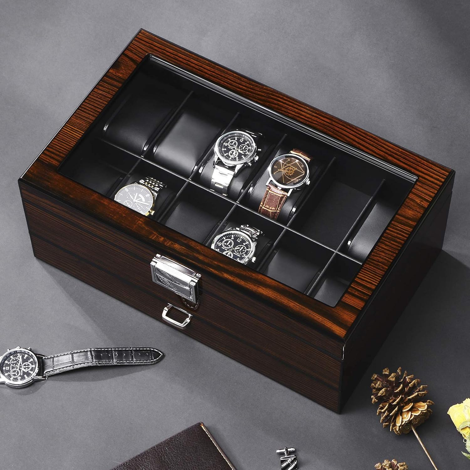 BEWISHOME 12-Slot Luxury Watch Box with Valet Drawer - Wooden Watch Organizer for Men with Real Glass Top & Metal Hinge - Perfect for Watch Storage, Display, and Travel (Brown, SSH02Y)