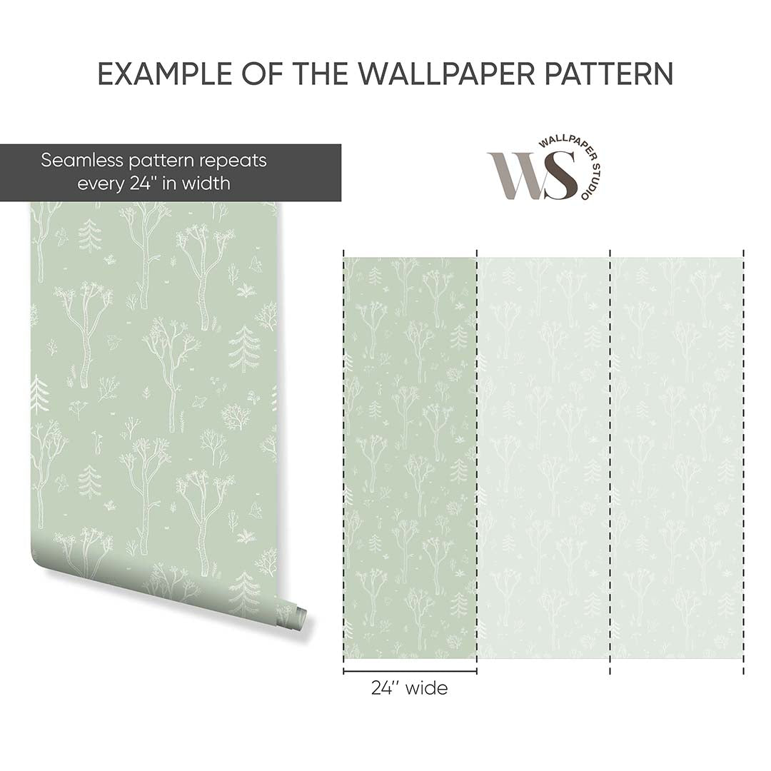 Green White Tree Forest Wallpaper S048 - Nature-Inspired Peel and Stick Wallpaper for Home Decor | Perfect for Living Room, Bedroom, and Office
