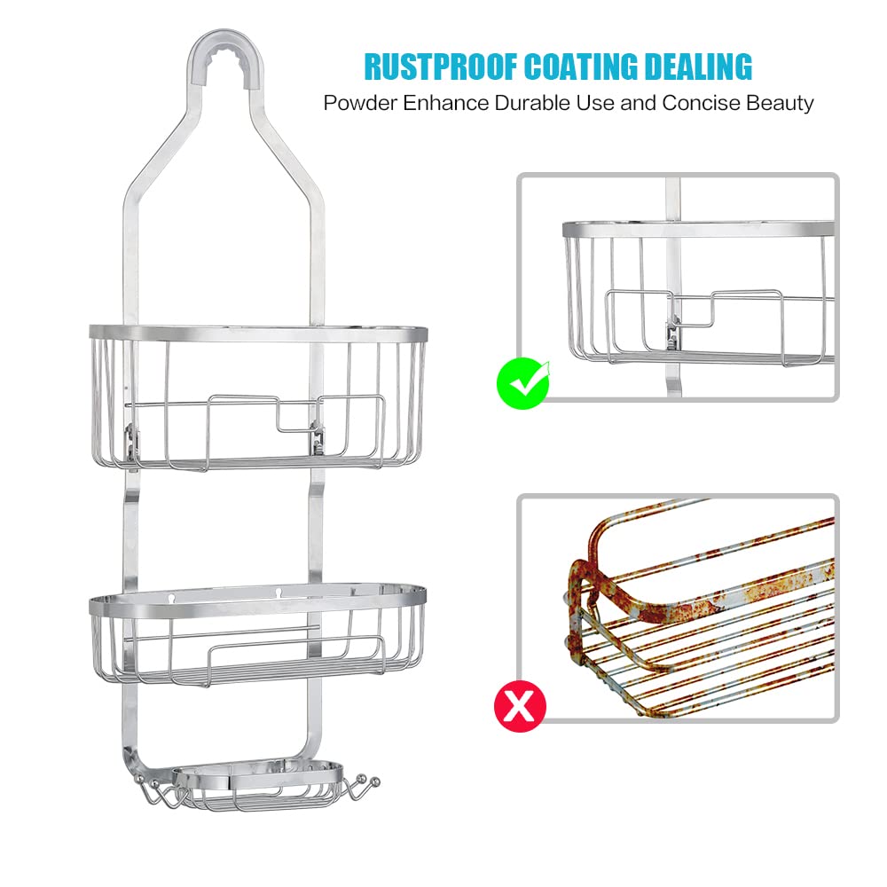 Rustproof Over the Shower Caddy Organizer with 2 Baskets & 4 Hooks - Perfect for Shampoo, Conditioner & Soap Storage - Bathroom Hanging Shower Shelf (Silver) - Ideal for Small Spaces, Dorm Rooms & Apartment Showers