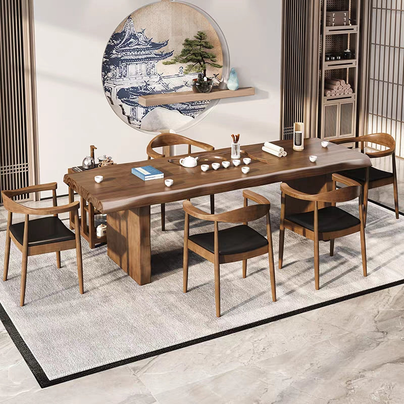 Premium Chinese Gongfu Tea Table Set with Genuine Leather Chairs - Traditional Tea Ceremony Furniture for Home & Zen Meditation Space