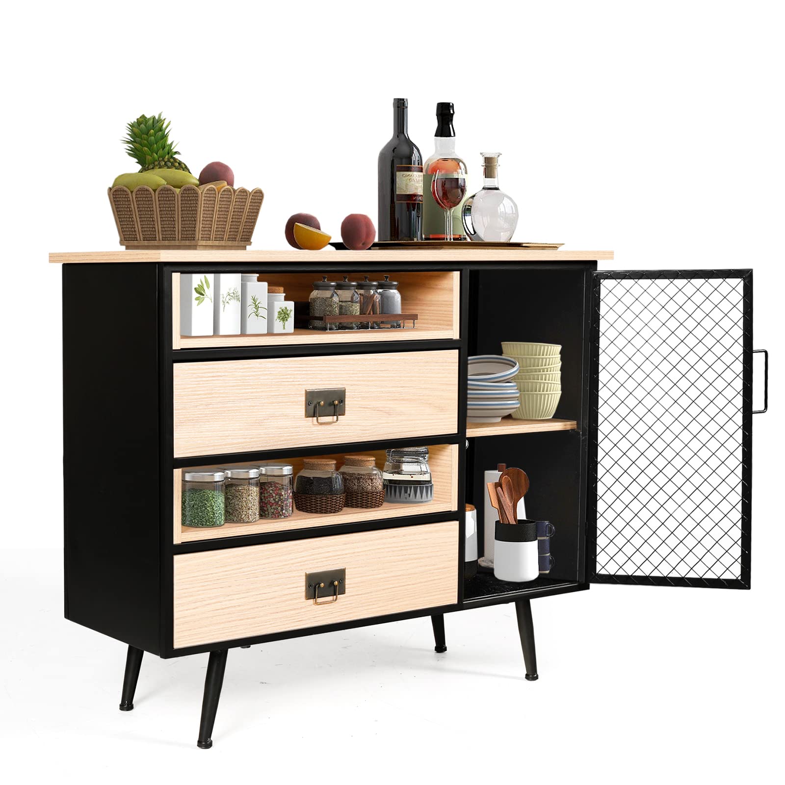 Modern Buffet Sideboard Storage Cabinet with Steel Frame & Hollow Metal Door - Vintage Oak Finish, Open Compartment Dresser for Bedroom & Office - Perfect for Dining Room Storage, Living Room Organization, and Entryway Decor