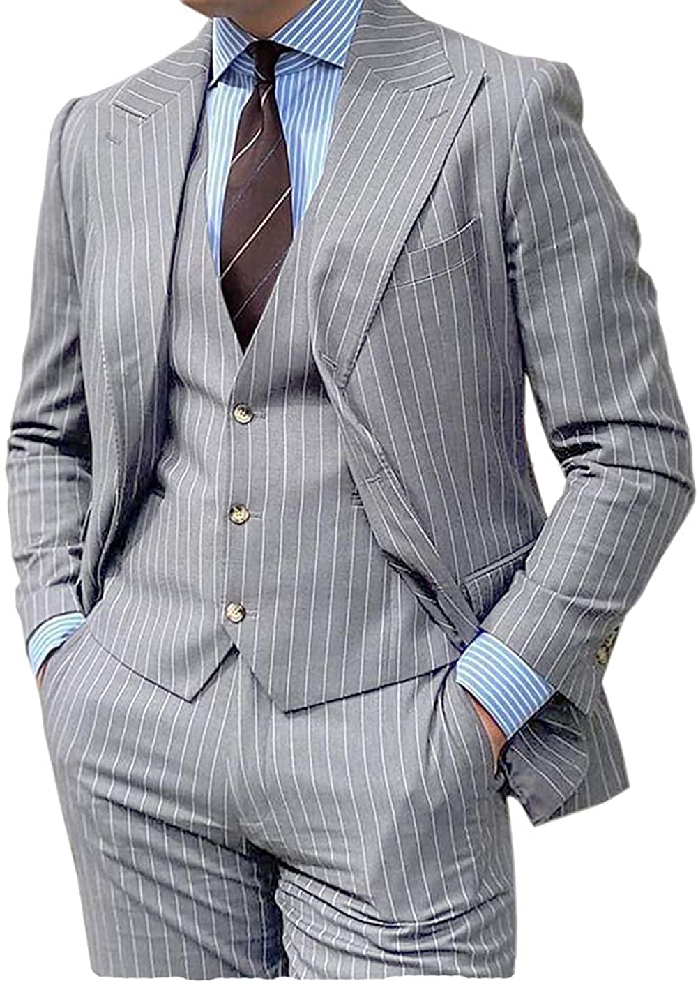Slim Fit 3-Piece Men's Formal Suit | Pinstripe Wedding Tuxedo Set (Blazer, Vest & Pants) for Groom, Business & Special Occasions