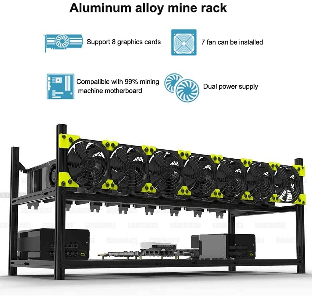 HLL Professional 68 GPU Miner Aluminum Frame Mining Rig for ETH ZEC Bitcoin Cryptocurrency Mining - 8 GPU & 7 Fan Cooling System - Ideal for Home Mining Setup & Crypto Farm Operations