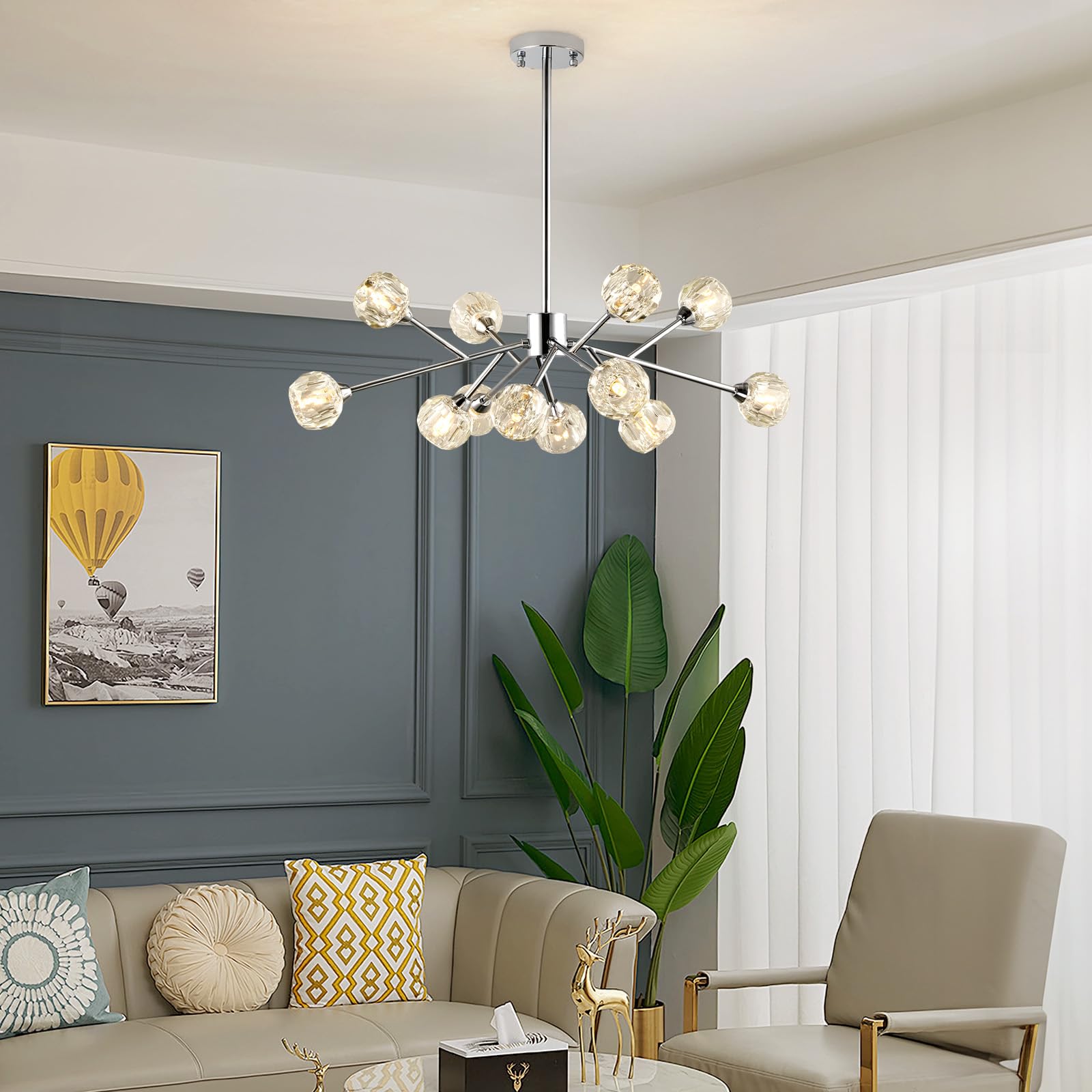 Modern Crystal Chandelier - 12-Light Chrome Fixture for Dining Room & Kitchen Island