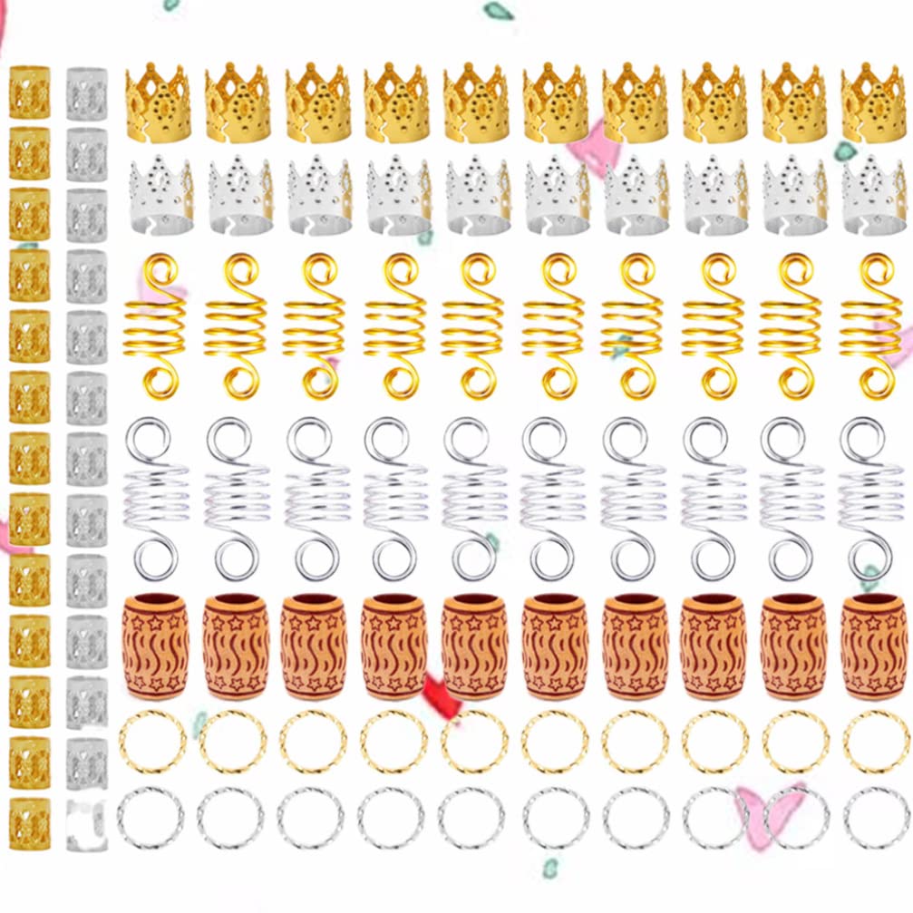 KALLORY 140pcs Gold Hair Braid Clips & Rings - Dreadlock Cuffs, Hair Charms & Beads for Dreadlocks - Fabric Beads Accessories for Weaving & Knitting (Perfect for Boho Hairstyles & Festival Looks)