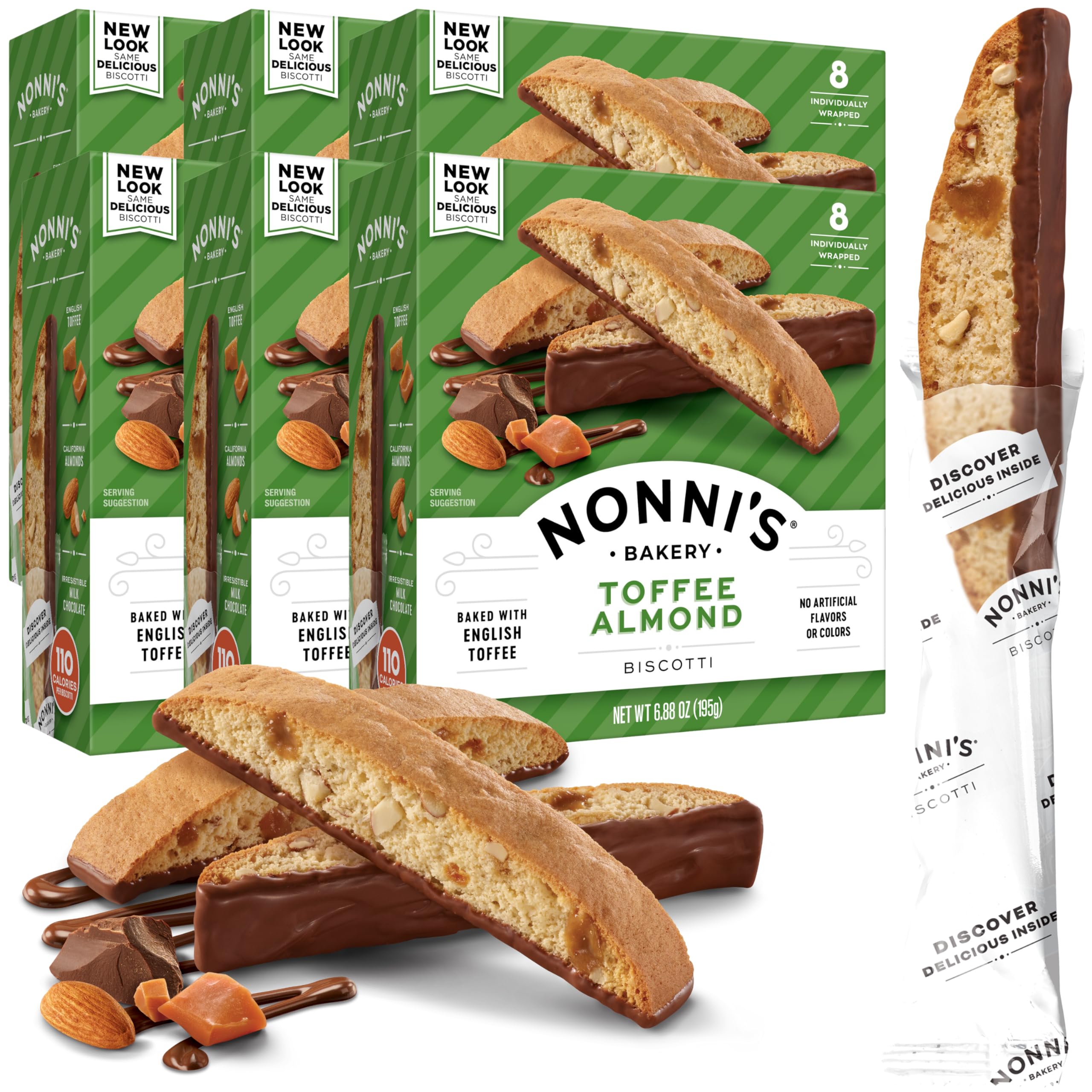 Nonni's Toffee Almond Biscotti Italian Cookies - 6 Pack (6.88 oz Each) - Milk Chocolate Dipped Biscotti with English Toffee & Almond Bits - Individually Wrapped for Freshness - Perfect for Coffee Pairing, Gift Giving & Dessert Platters