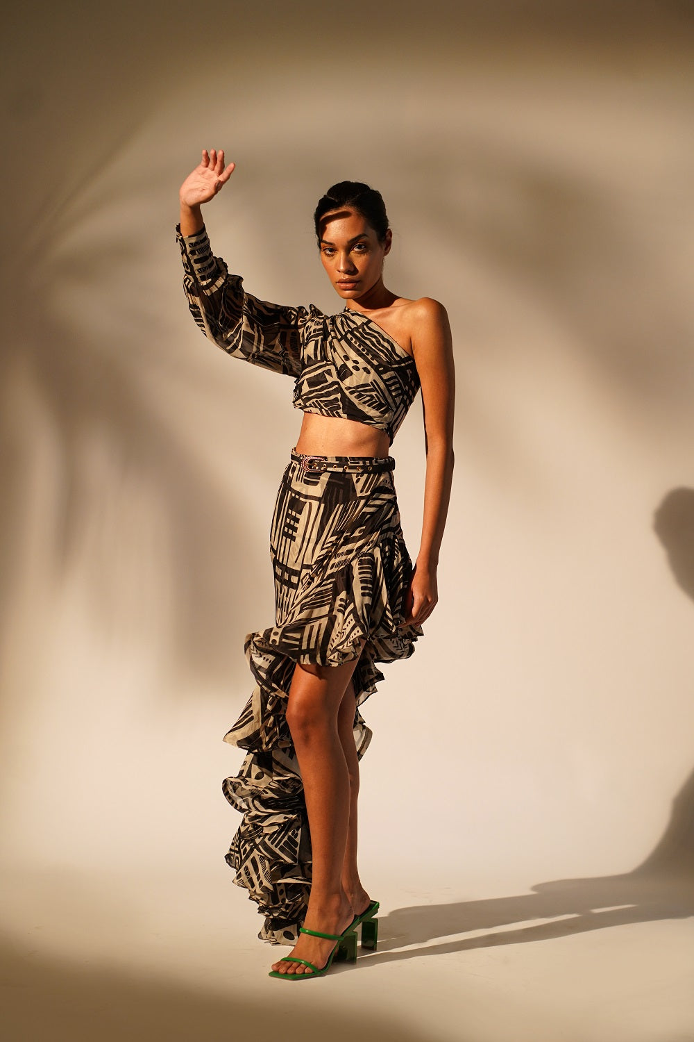 White Abstract Print One Shoulder Top for Women - Trendy Summer Beach Party & Night Out Blouse