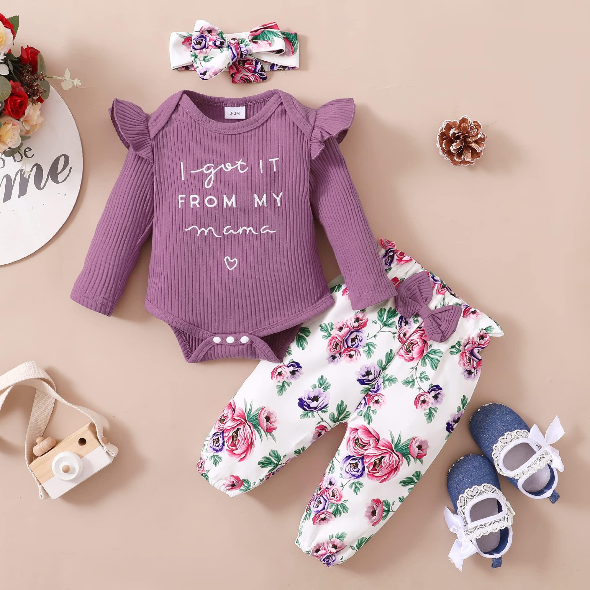 OLLUISNEO Newborn Baby Girl Clothes - Long Sleeve Floral Romper & Pant Set for Infants | Fall Winter Outfits | Perfect for Family Photos, Holiday Gatherings & Daily Wear