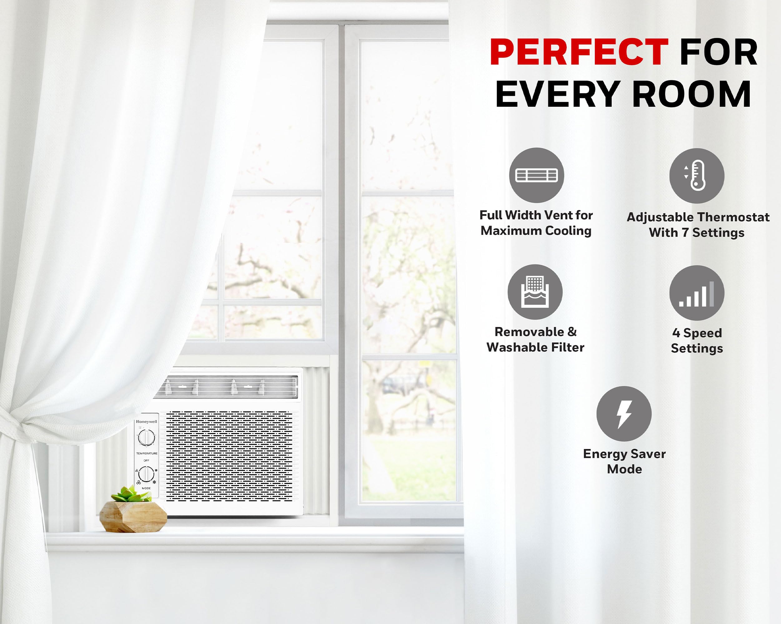 Honeywell 5,000 BTU Energy Efficient Window Air Conditioner with Adjustable Thermostat - 7 Cooling Settings, Ultra Quiet Operation for Rooms Up to 150 sq ft - Perfect for Bedrooms, Offices & Small Apartments