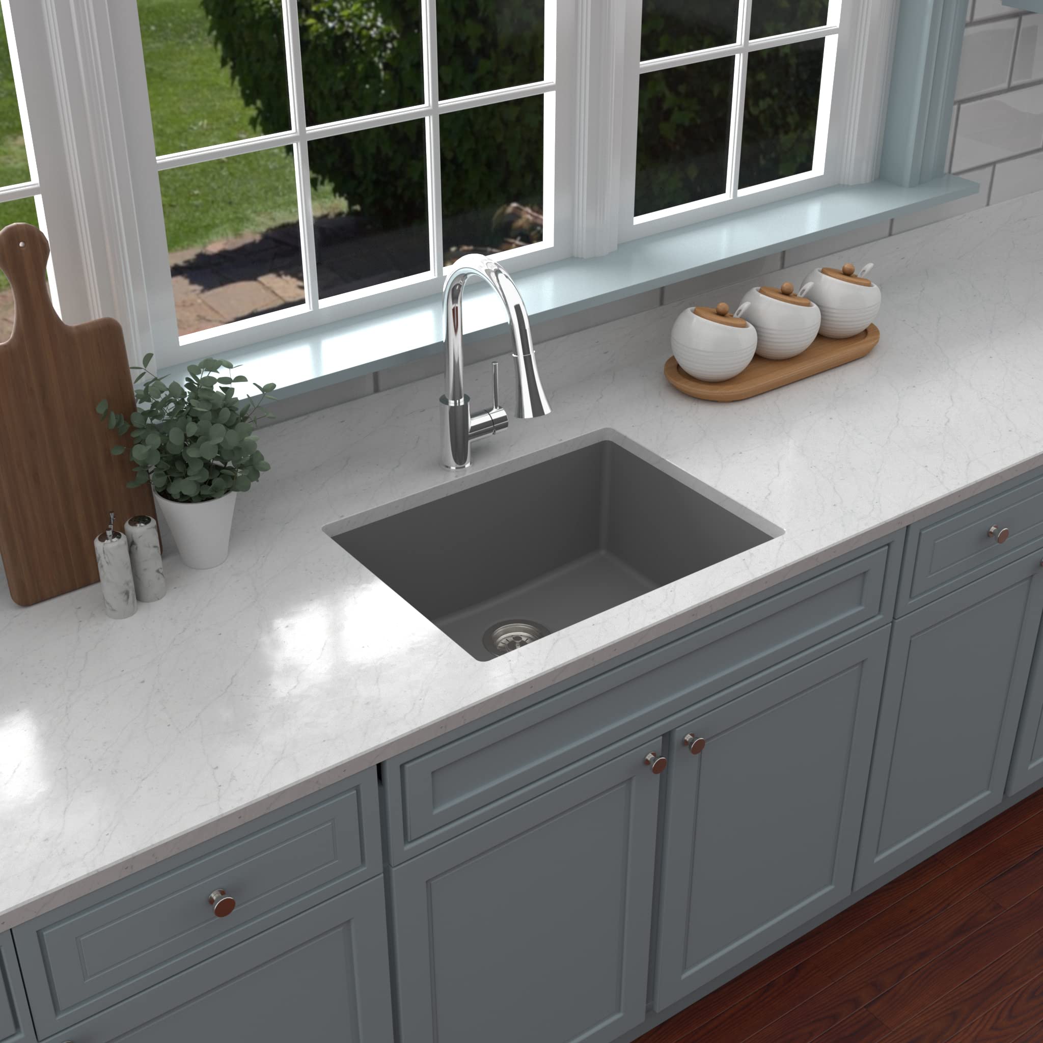 Karran QU-820 Undermount 24.38 Inch Single Bowl Quartz Kitchen Sink Kit in Grey - Durable Stain-Resistant Sink for Modern Kitchens & Food Prep Areas