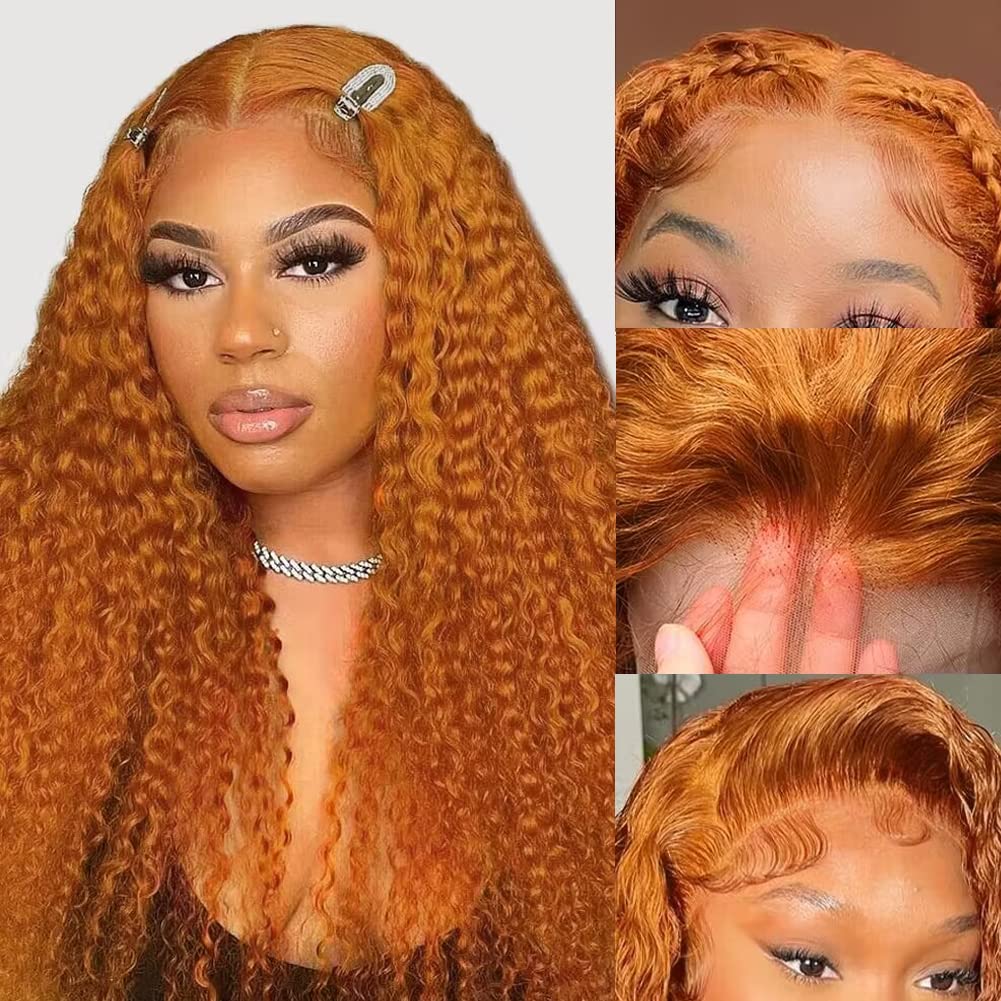 QNQZ 26 Inch Ginger Deep Wave Human Hair Wig with 13x4 HD Lace Frontal - Pre Plucked, Baby Hair, 180% Density - Perfect for Daily Wear, Cosplay & Special Occasions