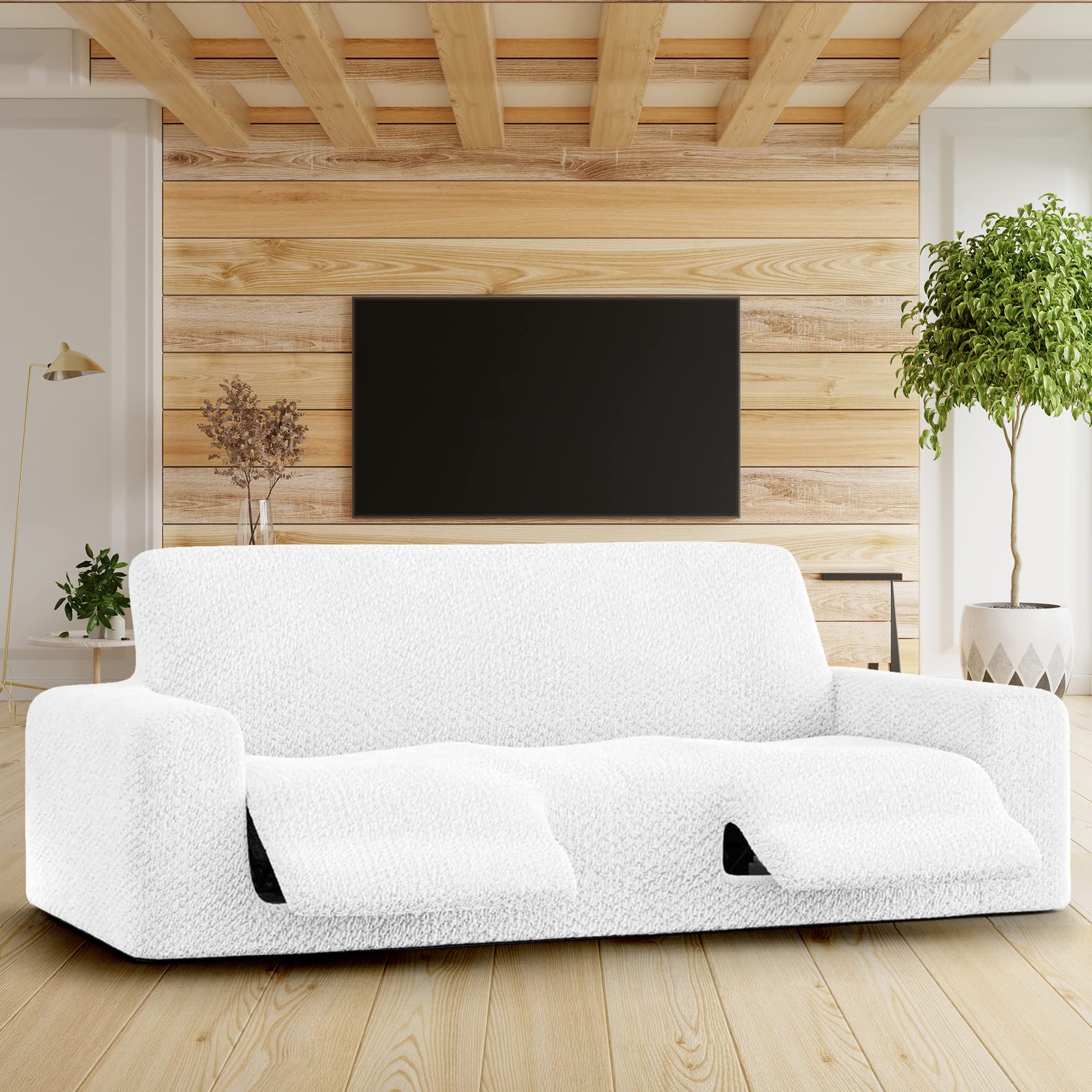 PAULATO BY GA.I.CO. Recliner Sofa Cover - Stretchable 1-Piece Slipcover for Reclining Couches - Soft Polyester Fabric Furniture Protector - Velvet Collection in White - Perfect for Living Room, Home Theater & Office Use