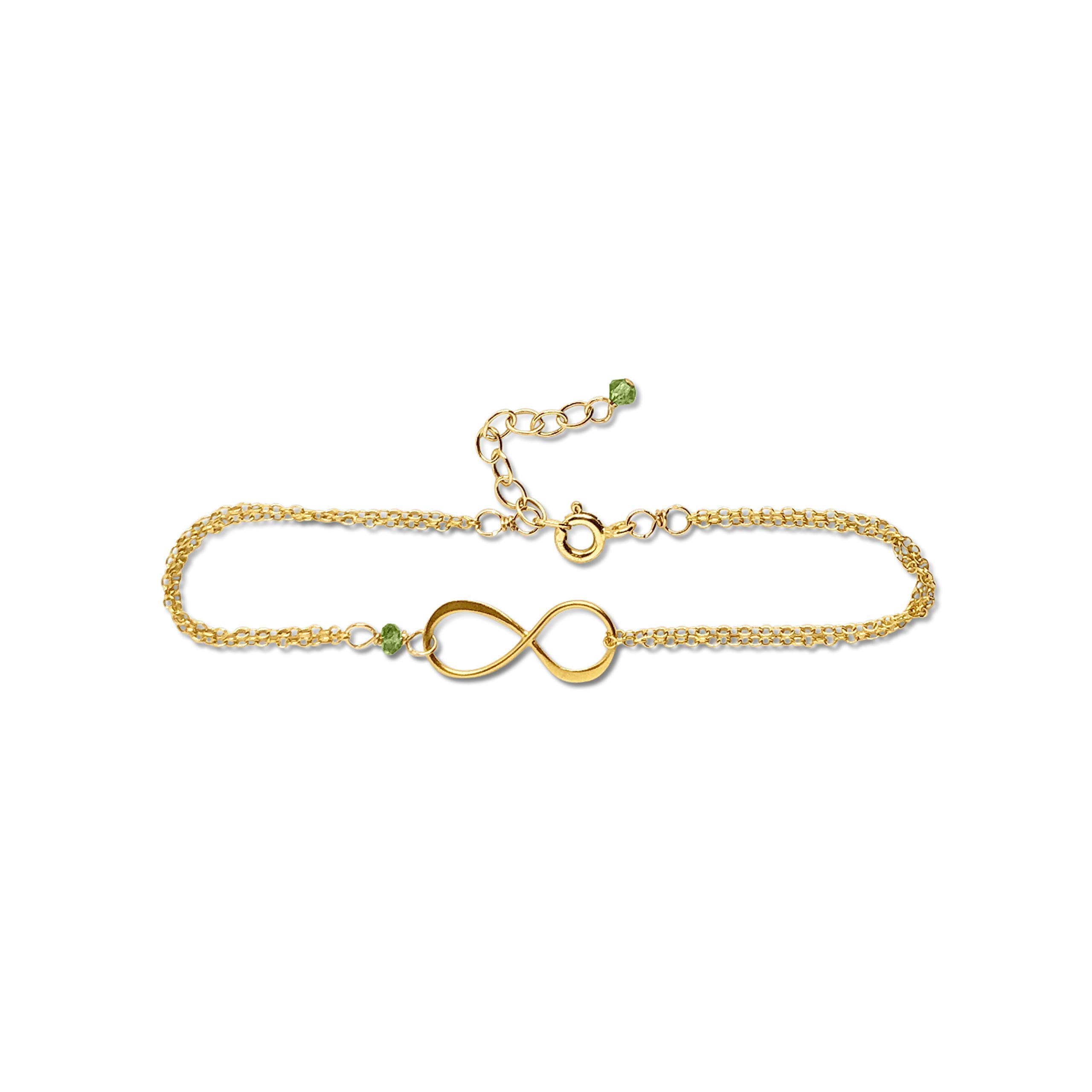 Peridot Gold Birthstone Infinity Charm Bracelet - 14K Gold Filled & Vermeil Handmade Jewelry - August Birthday Gift for Women, Girls - Perfect for Anniversaries, Mother's Day & Special Occasions