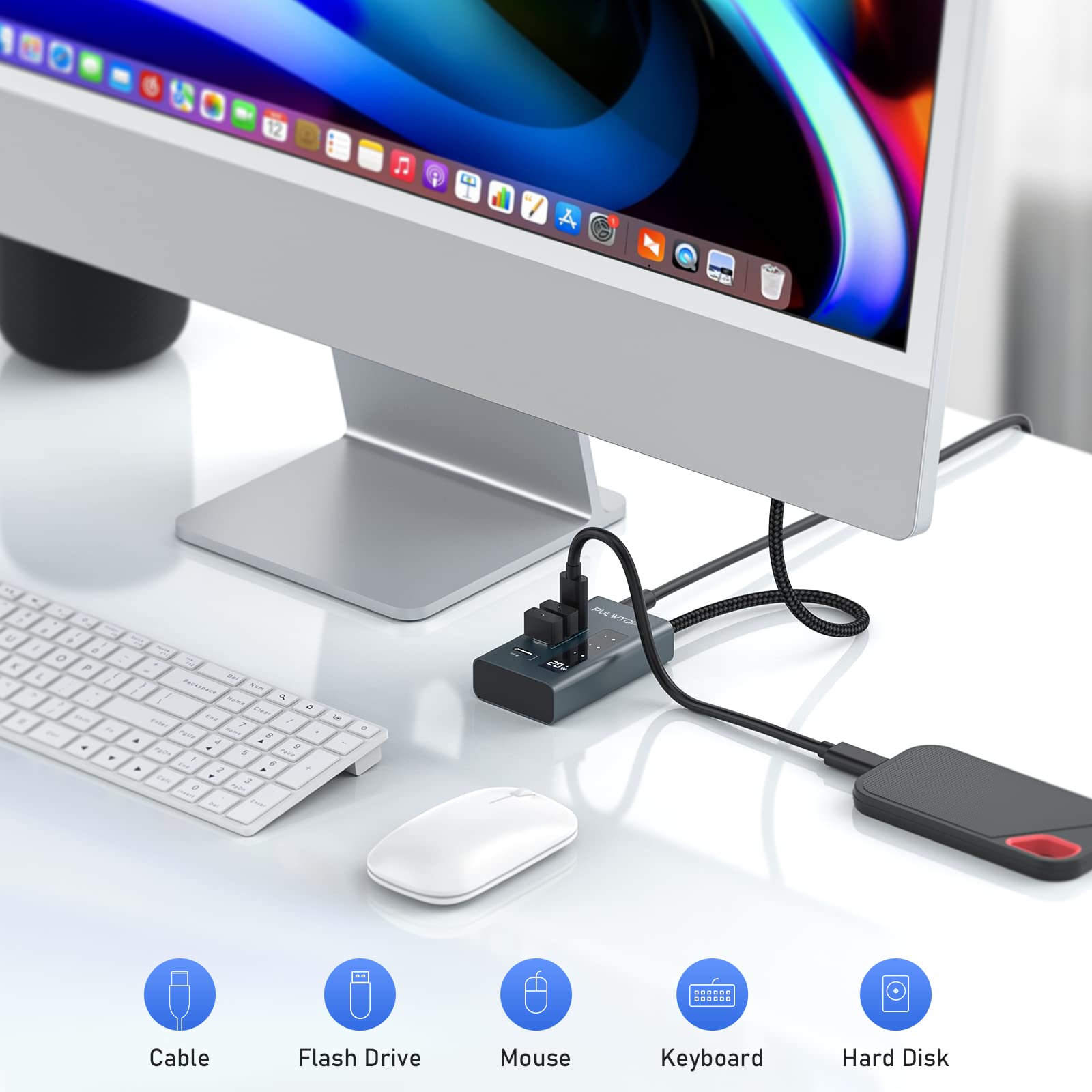 PULWTOP 4-in-1 USB C Hub with 24W UK Plug Adapter - 20W Charging Port & 3x 10Gbps USB C Gen2 Ports - Compatible with MacBook Pro/Air, iMac, iPad - Perfect for Home Office, Travel & Multi-Device Charging