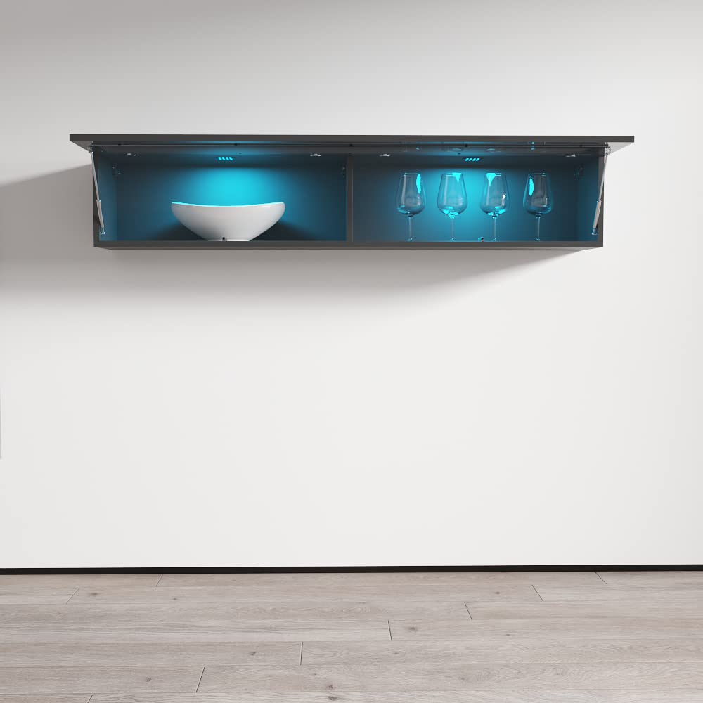 Modern Floating Media Cabinet - Rectangular Hanging TV Stand with LED Lights & High Gloss Finish | Durable Wooden Wall-Mounted Storage Unit for Living Room, Bedroom & Home Theater (Gray)