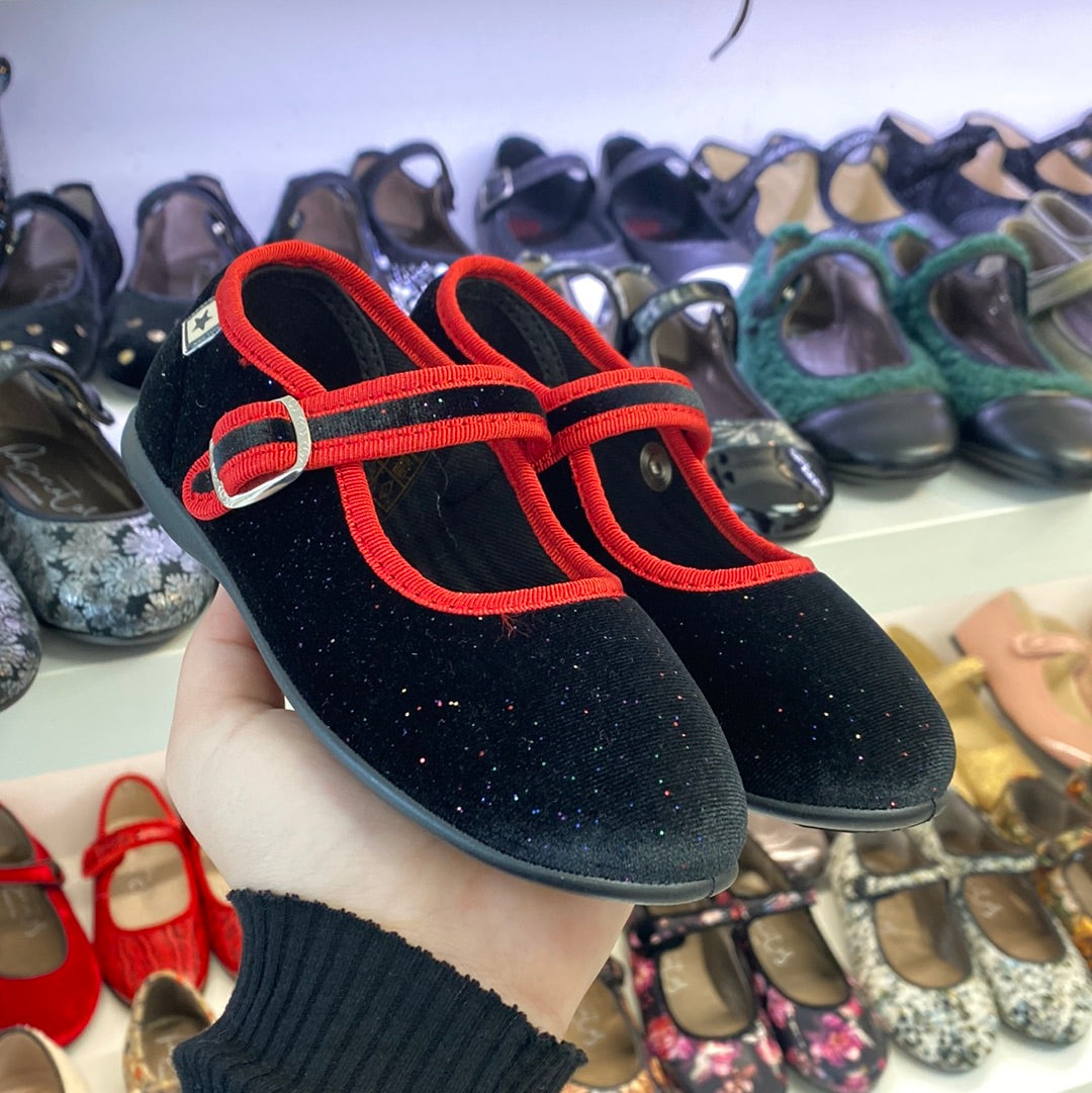 Bonton Black Sparkle Velvet Mary Jane Shoes with Red Piping - Elegant Dress Shoes for Women, Perfect for Weddings, Parties & Special Occasions