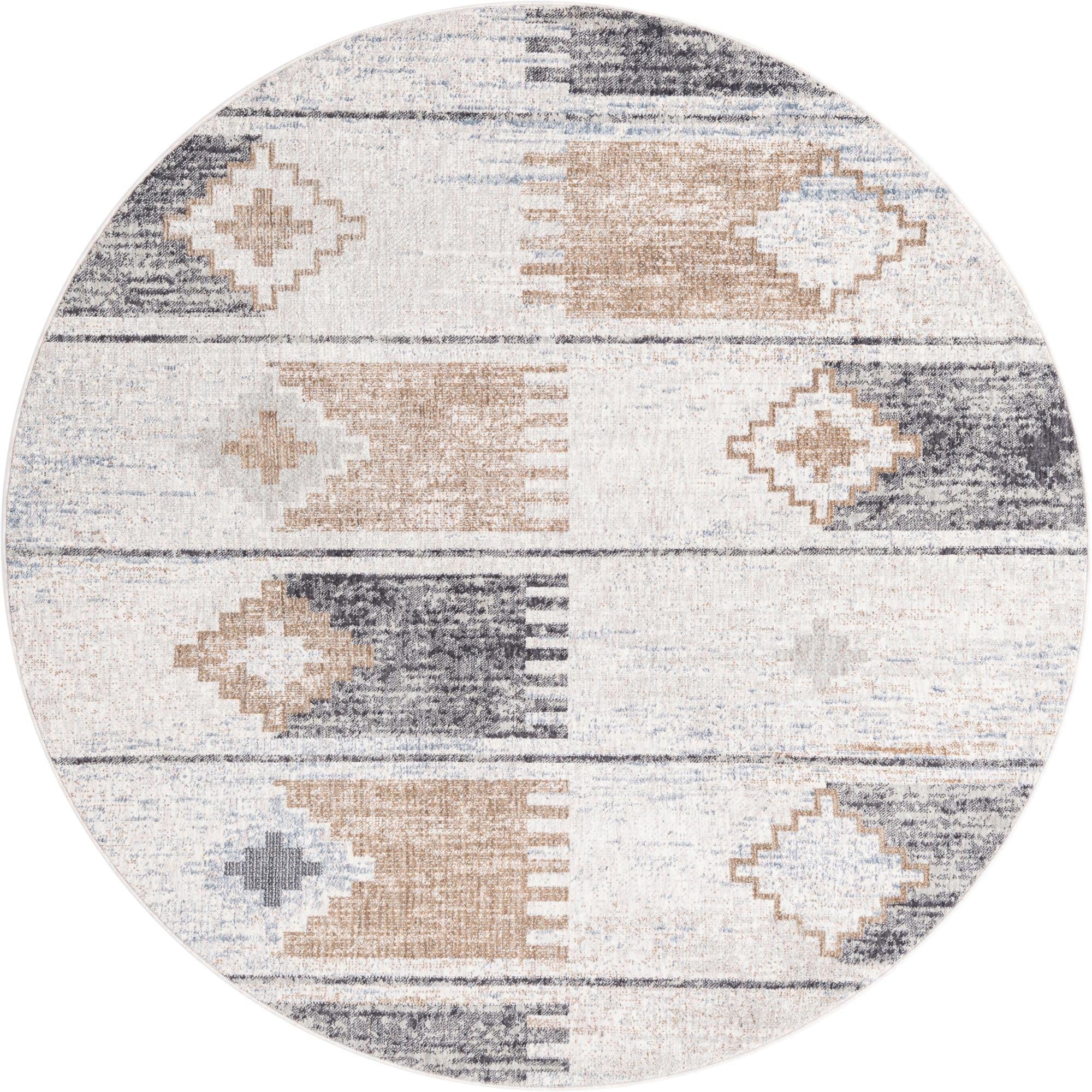 Unique Loom Eco-Friendly Southwestern Style Round Area Rug - 7' x 7' Ivory & Black Handwoven Design | Perfect for Living Room, Bedroom or Boho Home Decor