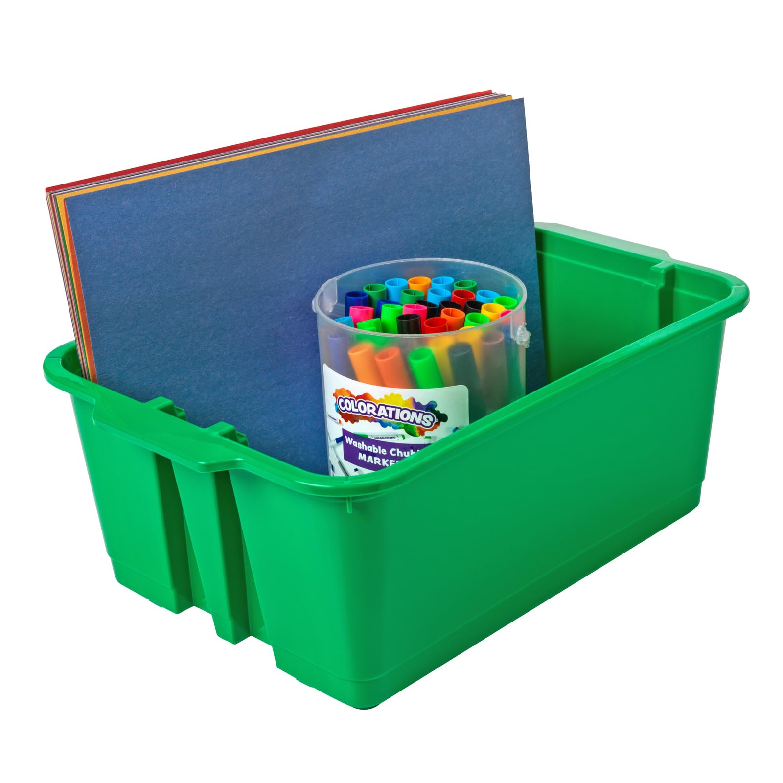 Stackable Plastic Book & Organizer Bins - 12-Pack Green Classroom Storage Baskets | Durable Colorful Book Bins for School, Office & Home Organization | Perfect for Books, Toys & Supplies