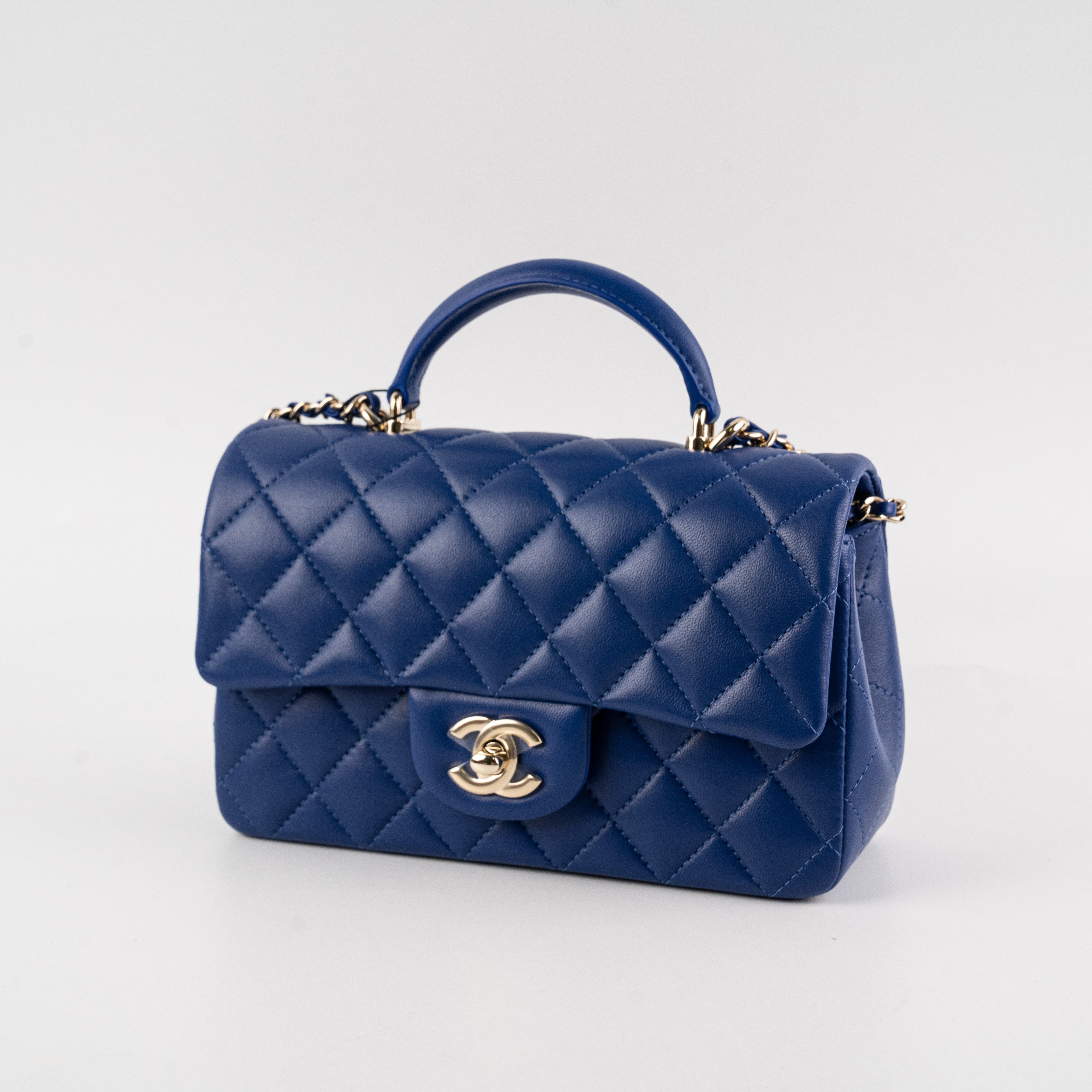 Chanel Mini Top Handle Bag in Lambskin Leather - Blue Microchip | Luxury Crossbody Purse for Women, Perfect for Parties & Evening Events