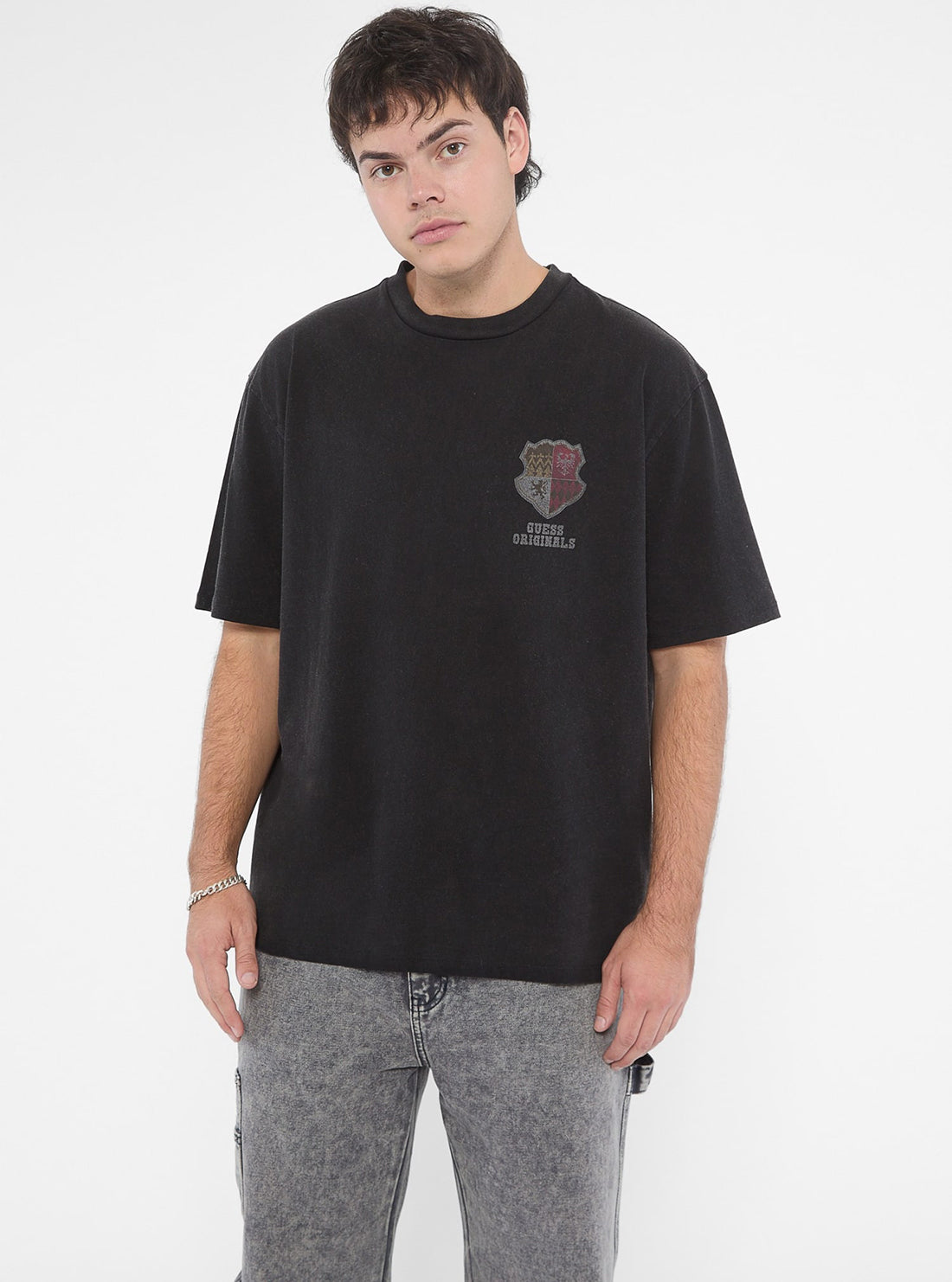 Guess Originals Black Varsity Graphic T-Shirt for Men - Vintage Style Cotton Tee with Bold Lettering - Perfect for Casual Wear, Street Style & Everyday Outfits