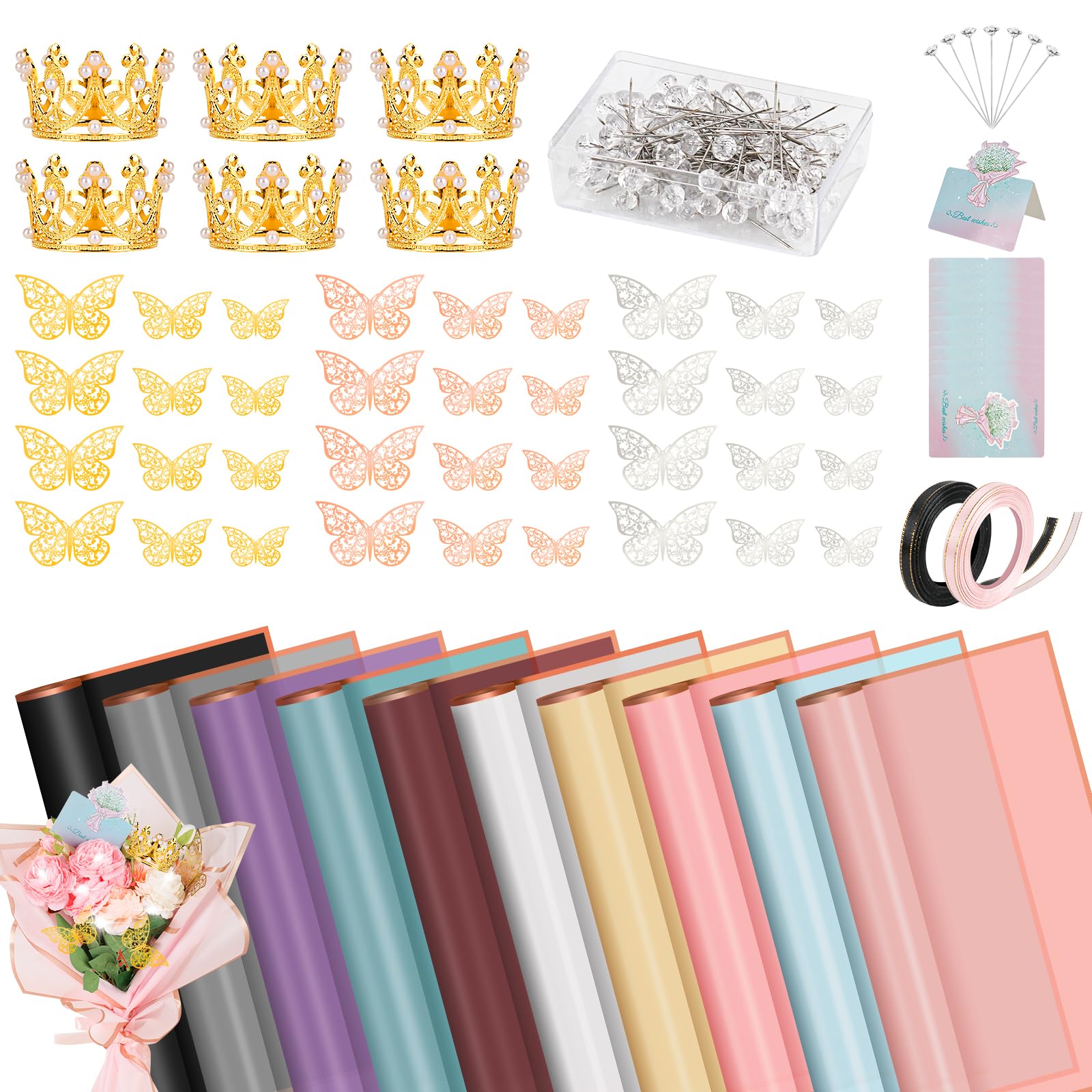 209 Pcs Waterproof Floral Wrapping Paper Set with Butterfly Decorations, Crowns & Ribbons - DIY Flower Bouquet Supplies for Wedding, Birthday & Party Decor (10 Colors) | Hossmily