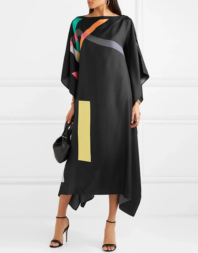 Luxury Black Silk Crepe Kaftan Dress for Women - Elegant Loose Fit Maxi Tunic with Long Sleeves - Perfect for Beach Cover Up, Resort Wear, and Summer Vacation Outfits