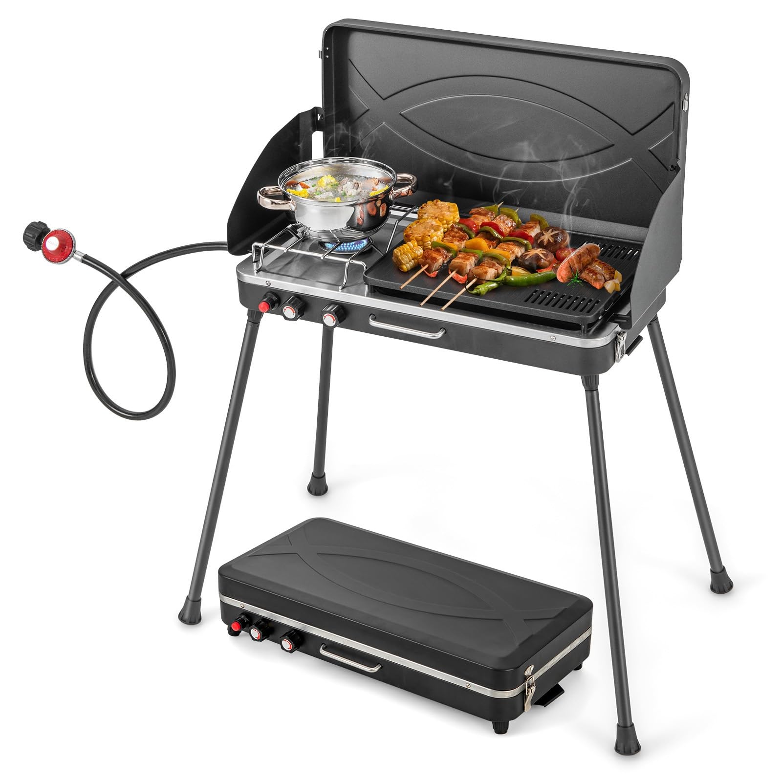 2-Burner Propane Camping Stove - Portable Outdoor Grill with Detachable Legs & Wind Screen - 22,000 BTU High Power for Camping, BBQ, Picnics - Perfect for Backpacking, Tailgating & RV Trips - Black
