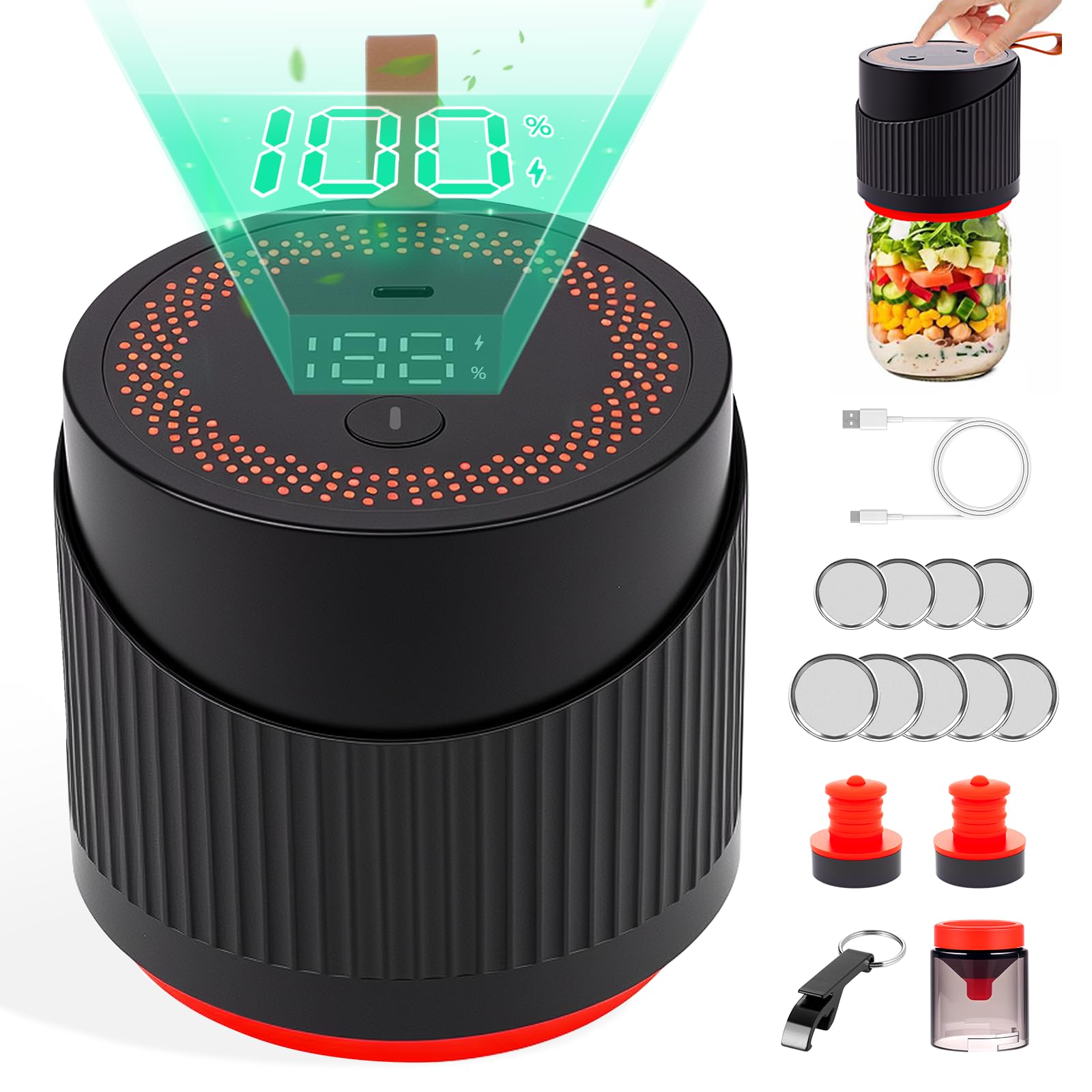 Lemonfilter Electric Mason Jar Vacuum Sealer Kit with LED Display - Automatic Food Preserver for Canning, Pickling & Meal Prep - Includes 5 Regular & Wide Mouth Lids (Black) - Perfect for Home Kitchen, Pantry Organization & Long-Term Food Storage