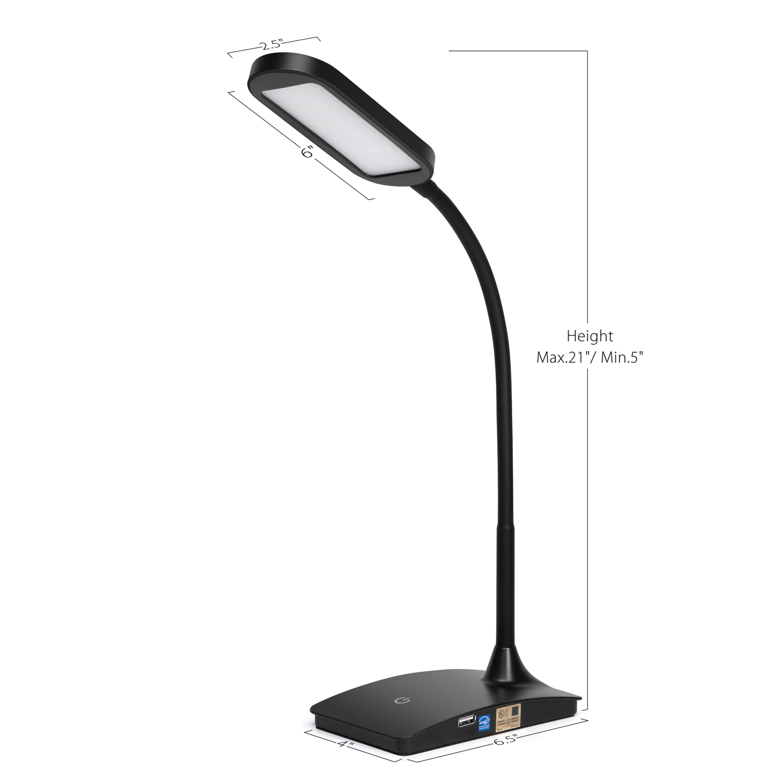 IVY20-40BK Ivy LED Desk Lamp with USB Charging Port - Super Bright Adjustable Study Light for Home Office, Bedroom Nightstand, Dorm Room & Reading | Energy Efficient Eye-Caring Task Lighting (Black)
