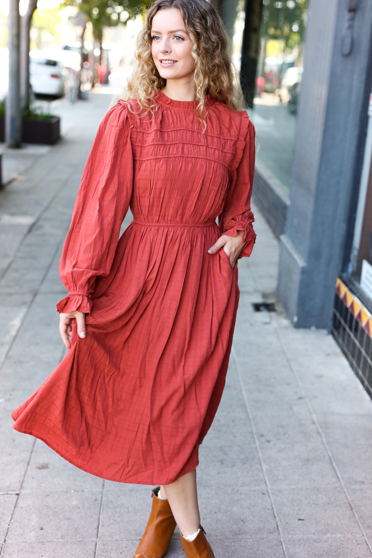 Love Found Rust Mock Neck Embossed Lined Dress - Elegant Fall Winter Women's Fashion for Date Night, Office Wear & Special Occasions