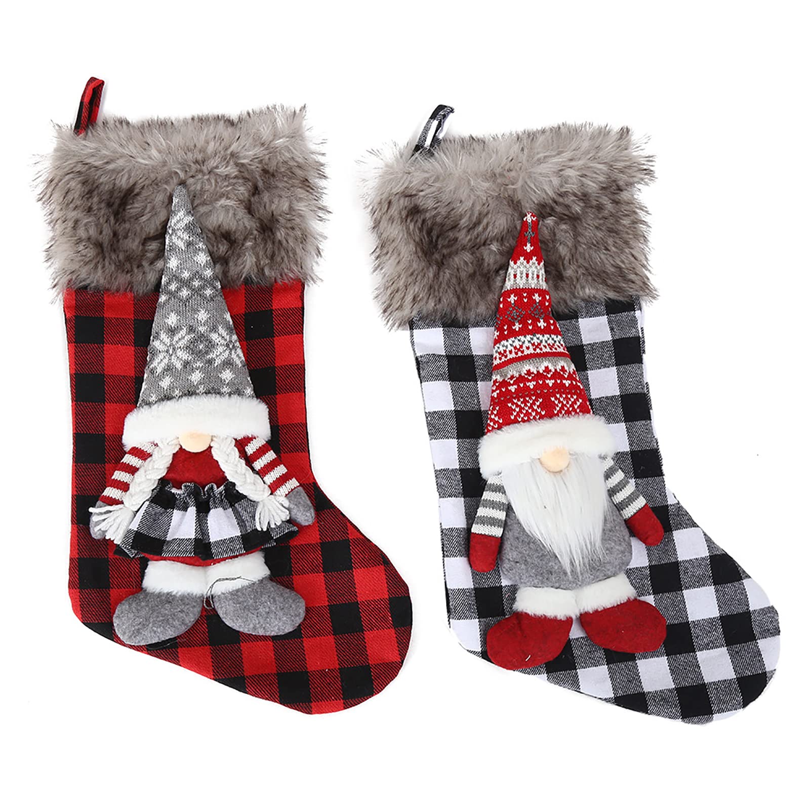 2 Pack Plaid Christmas Stockings with Gnome Doll - Soft Plush Cuff Holiday Decor Socks with Hanging Loop - Perfect for Fireplace Mantel, Xmas Party & Family Gift Exchange - Festive Home Decor for Christmas Season