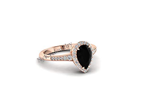 Natural Black Onyx Engagement Ring Sterling Silver - Rose Gold Halo Unique Solitaire Ring for Women - Half Eternity Band - Pear Shape Black Onyx Jewelry - Wedding, Proposal, Anniversary Gift - Perfect for Bridal, Evening Wear & Special Occasions
