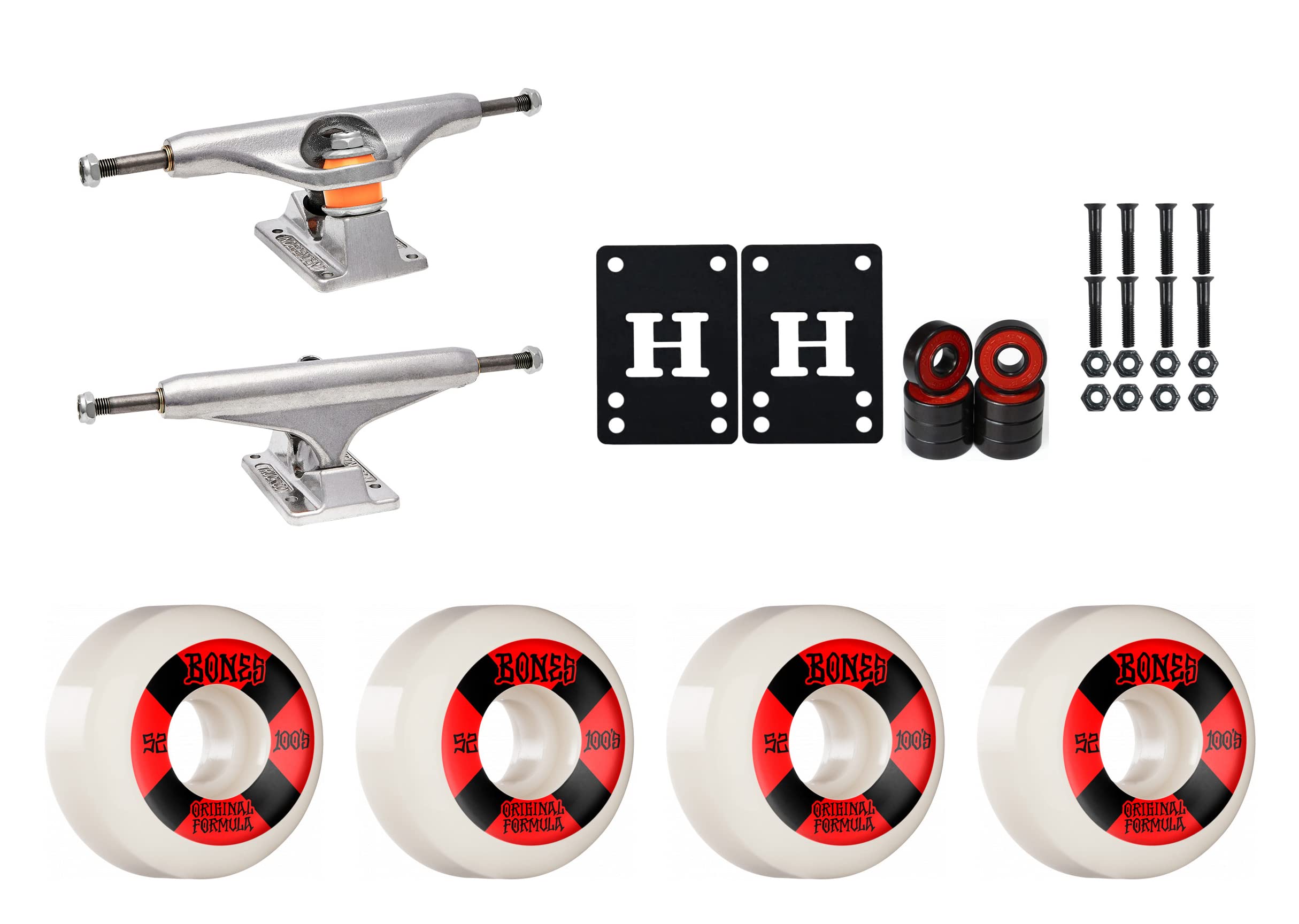 Premium Independent Skateboard Trucks (5.0-8.5 Size Options) with Bones 100 Wheels & High-Speed Bearings - Complete Skateboard Hardware Kit for Street & Park Riding