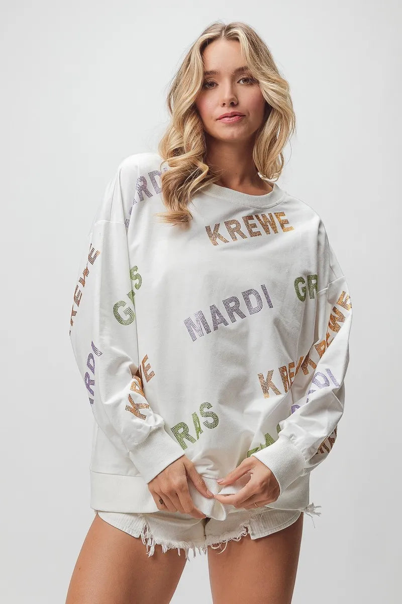 BiBi Rhinestone Mardi Gras Krewe Pullover Sweatshirt - Sparkly Festival Hoodie for Carnival, Costume Parties & Themed Events