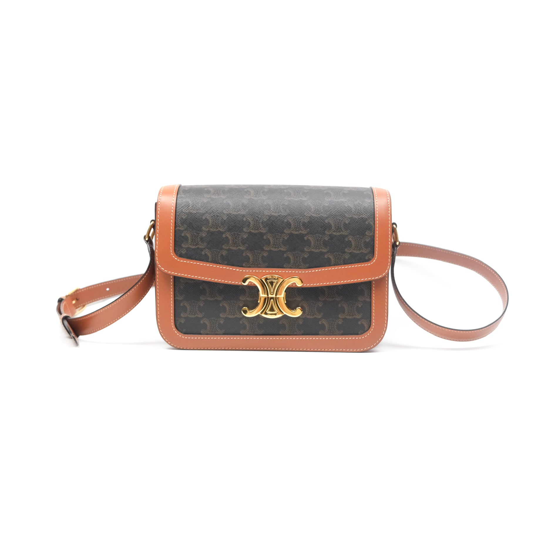 Celine Medium Triomphe Bag in Triomphe Canvas & Tan Calfskin Leather - Luxury Crossbody Handbag for Women, Perfect for Work, Travel & Everyday Use
