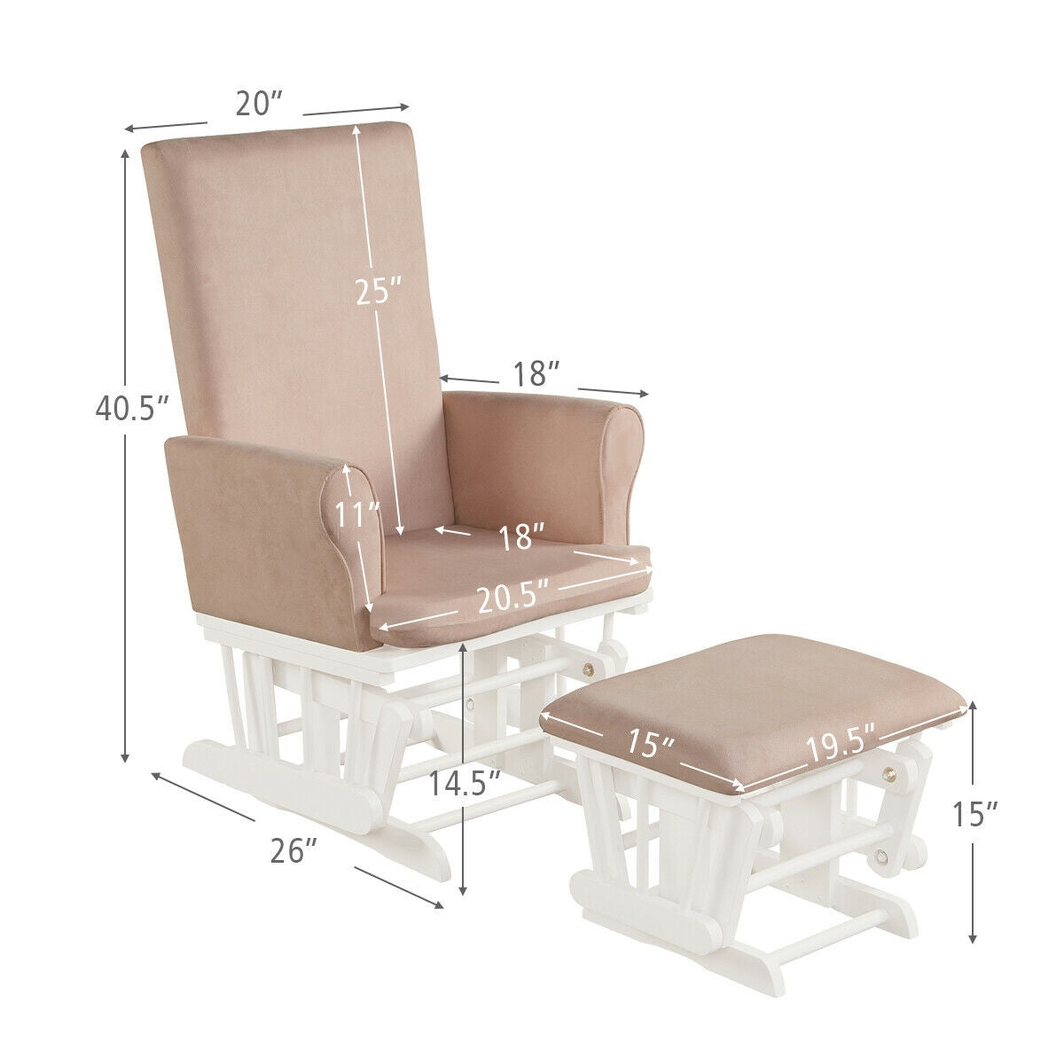 Pink Wooden Baby Nursery Glider and Ottoman Cushion Set - Comfortable Rocking Chair for Nursing, Feeding & Bonding with Newborn in Nursery or Bedroom