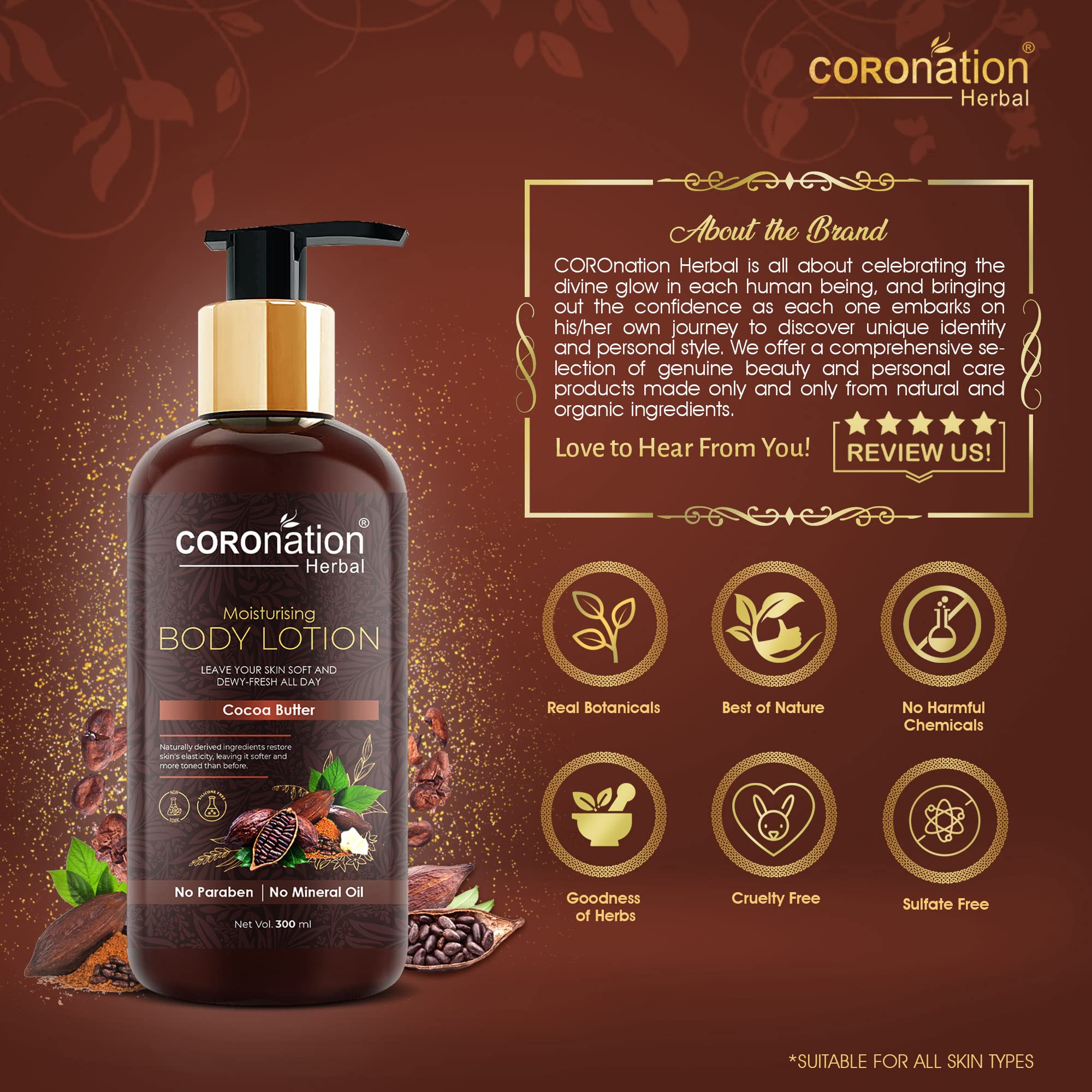 COROnation Herbal Unisex Cocoa Butter Moisturizing Face & Body Lotion - 300ml X 2 (Pack of 2) | Deep Hydration for Dry Skin, Natural Skincare for Men & Women | Perfect for Daily Moisturizing, After Shower Care & Travel Essentials