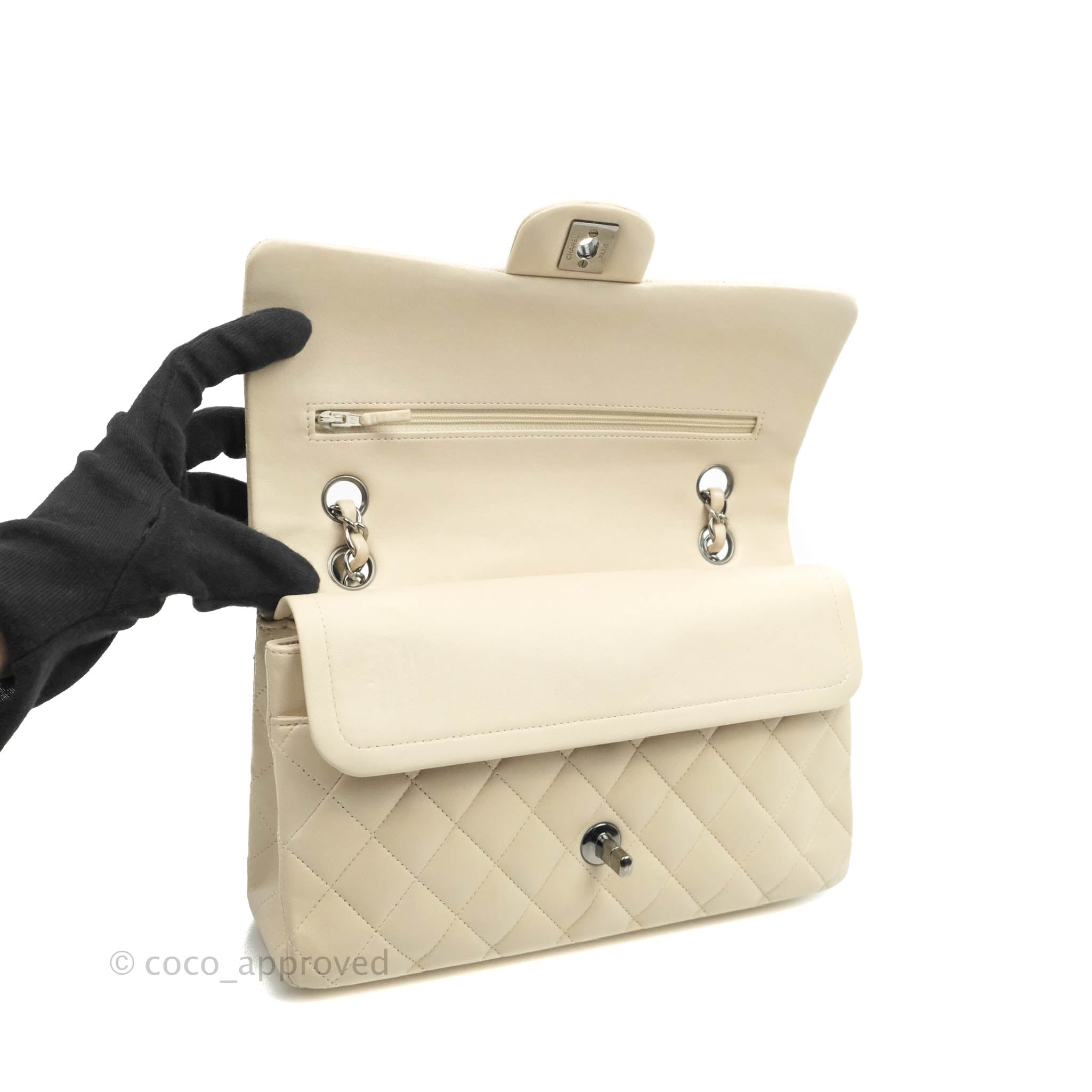 Chanel Classic Medium Double Flap Bag in Light Beige Lambskin with Gun Metal Hardware - Luxury Designer Handbag for Women, Perfect for Date Night & Special Occasions