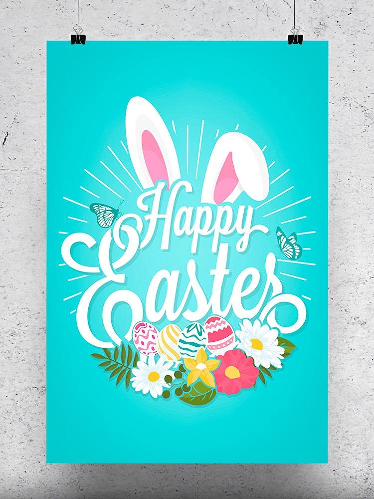Happy Easter Rabbit and Flowers Poster - Spring Home Decor, Easter Party Supplies, Wall Art for Living Room, Bedroom, Office