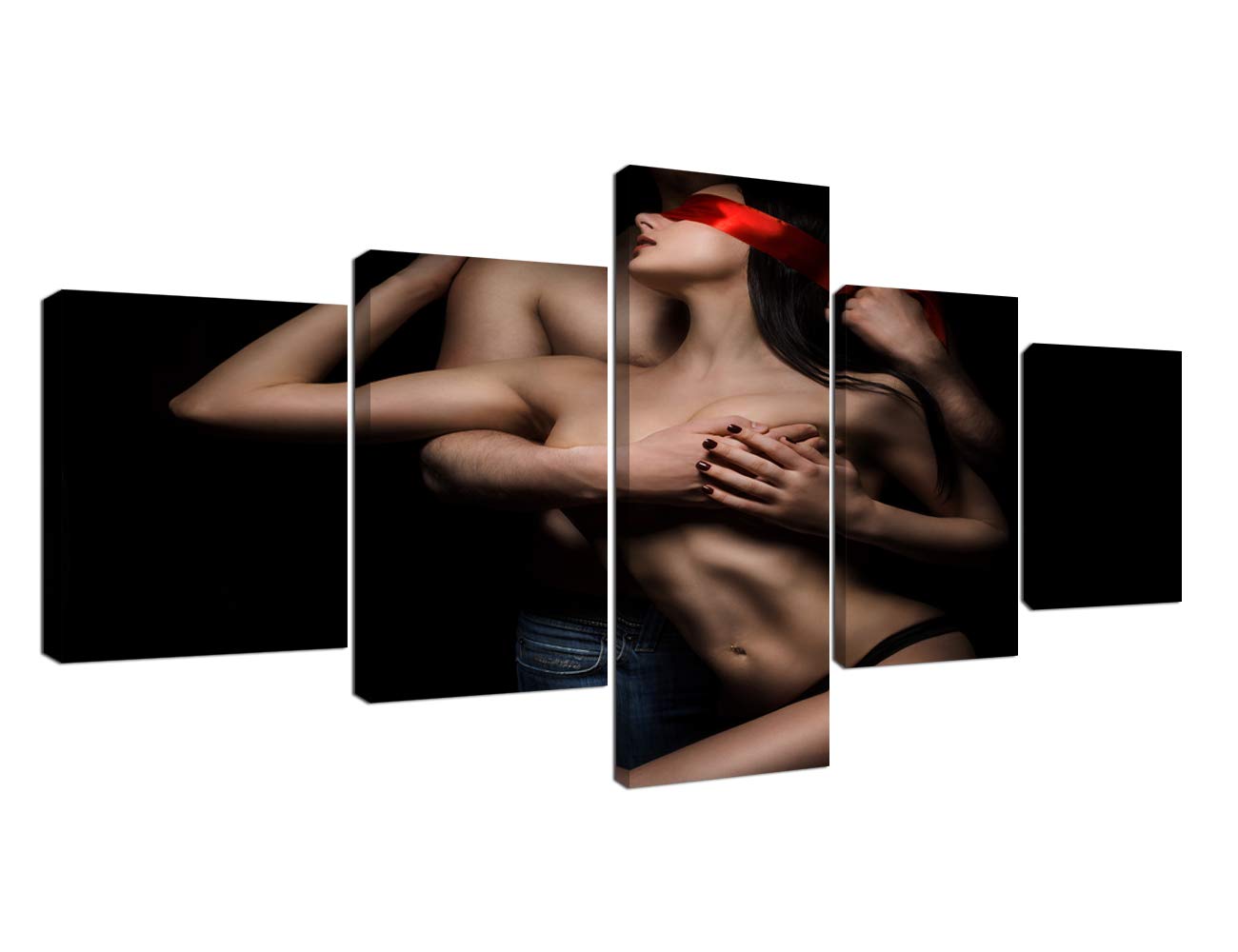 5 Panel Canvas Wall Art - Black & White Nude Lady Painting, Hand on Chest Artwork, Framed Stretched Canvas Prints (50x24 Inches) - Modern Home Decor for Bedroom, Living Room & Office - Perfect for Contemporary Interior Design & Artistic Wall Display