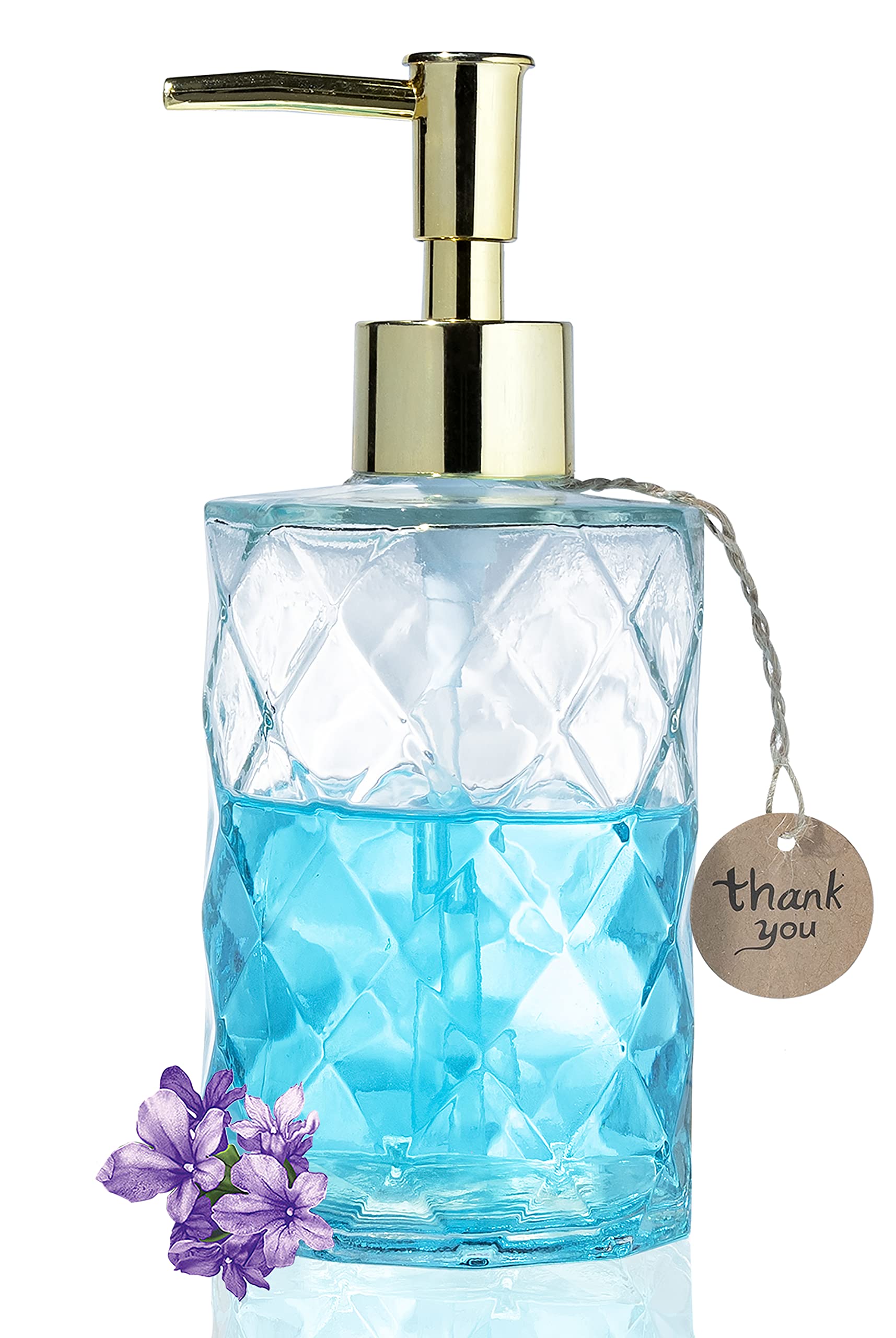 12 Oz Glass Soap Dispenser for Kitchen & Bathroom - Rustproof Pump, Crystal Clear Refillable Liquid Lotion Dispenser with Diamond Design - Perfect for Hand Soap, Dish Soap, and Lotion in Home & Office