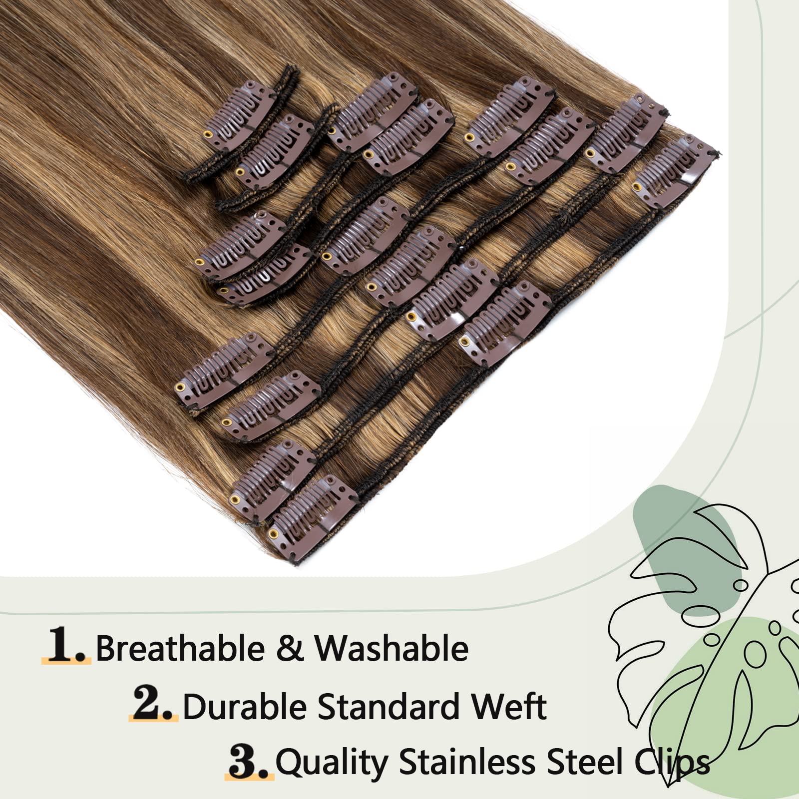 S-noilite 100% Real Human Hair Clip-in Extensions - 8-Piece Set, 22 Inch, 110g, Silky Straight, Balayage (#4/27 Medium Brown/Dark Blonde) for Long Length, Full Head Coverage - Perfect for Daily Wear, Parties & Special Occasions