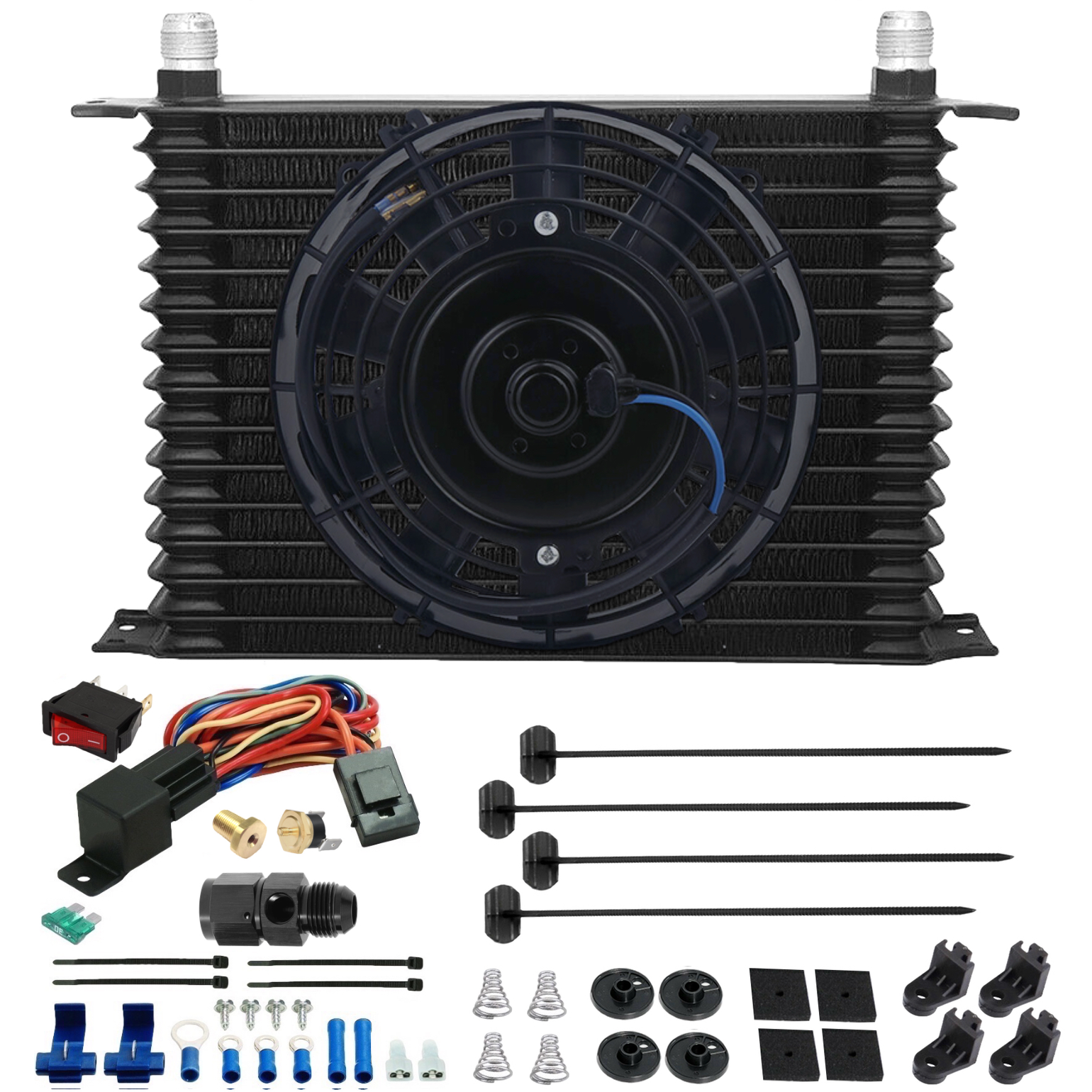 15 Row Transmission Cooler Kit with Electric Fan & AN Hose End Temperature Sensor - Heavy Duty Cooling for Trucks, Off-Road & Performance Vehicles