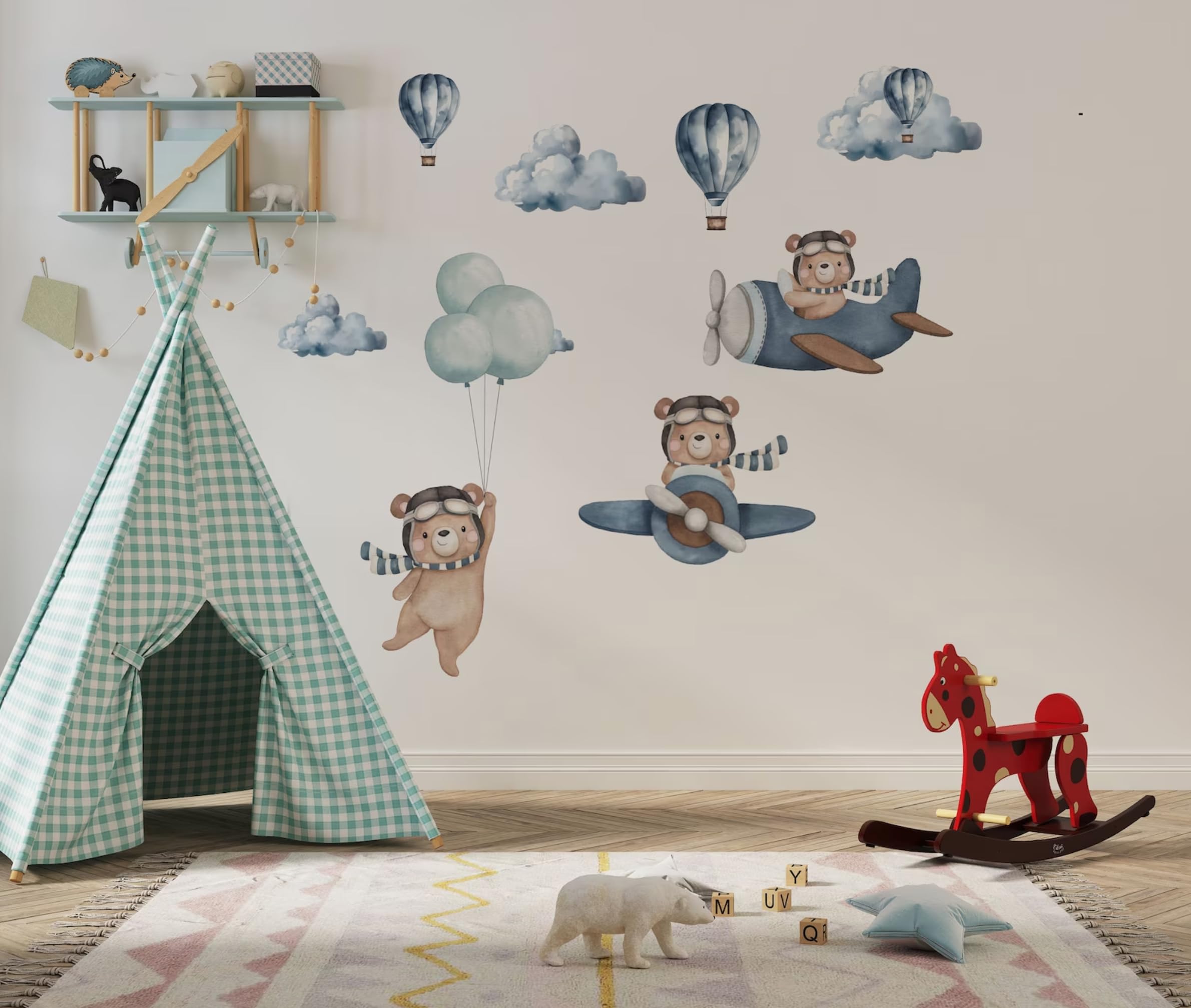 Large Bear & Airplanes Wall Stickers for Kids Room Decor - Removable Nursery Wall Decals with Hot Air Balloon Design - Playroom & Bedroom Wall Art for Boys & Girls - Perfect for Baby Rooms, Toddler Play Areas & Kids Bedroom Decor