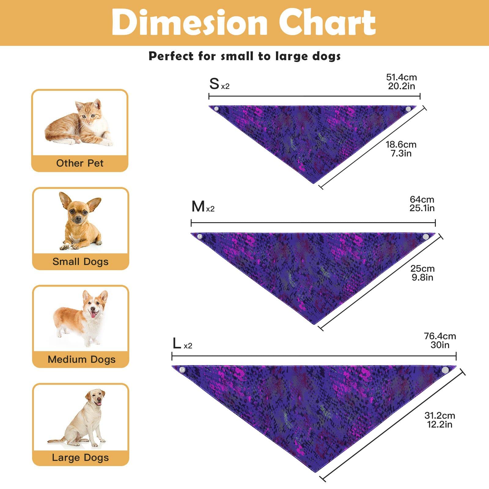2 Pack Snake Skin Pattern Purple Dog Bandanas - Adjustable Snap Button Pet Scarf for Small Medium Large Dogs & Cats - Perfect for Holidays, Parties & Everyday Wear
